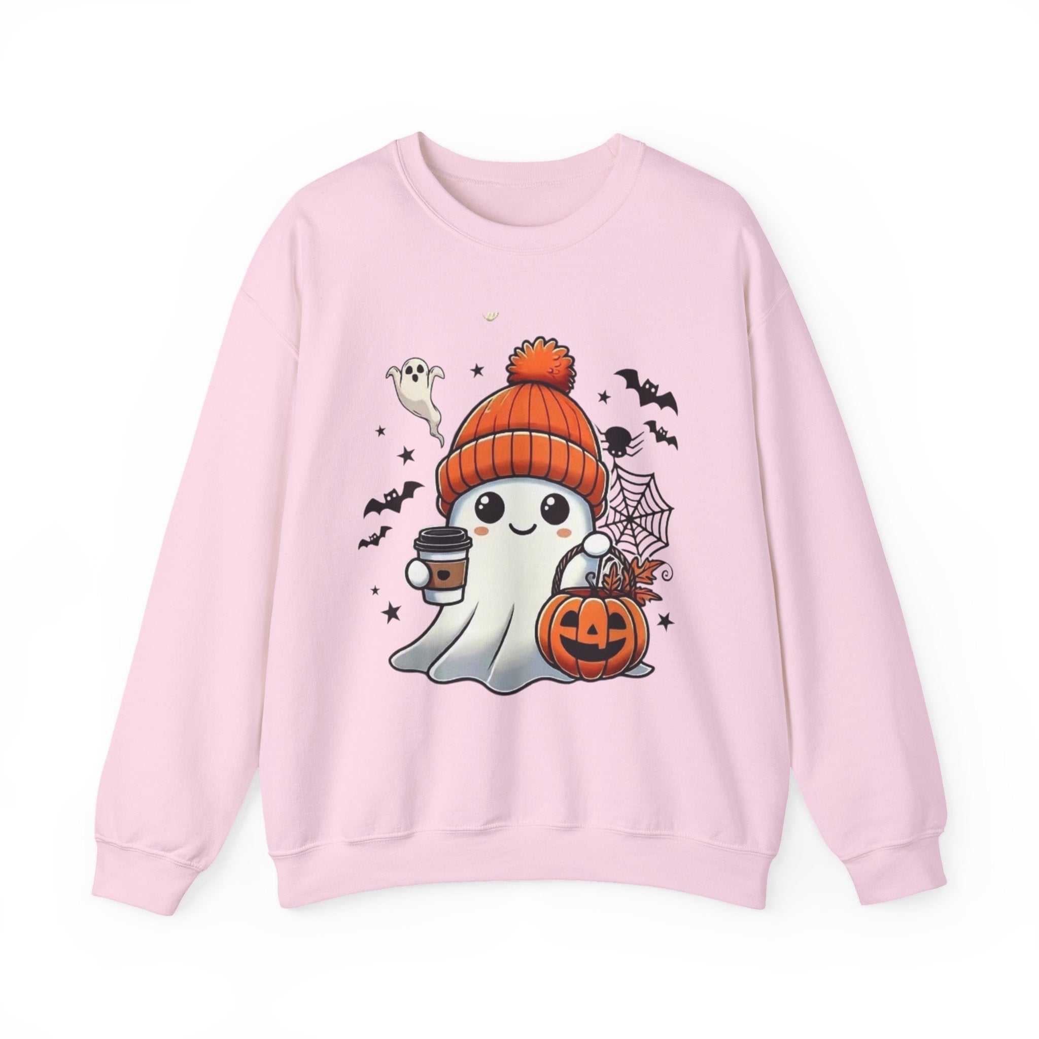 Cute Halloween Ghost Sweatshirt — Pumpkin, Bats & Coffee Graphic Crewneck