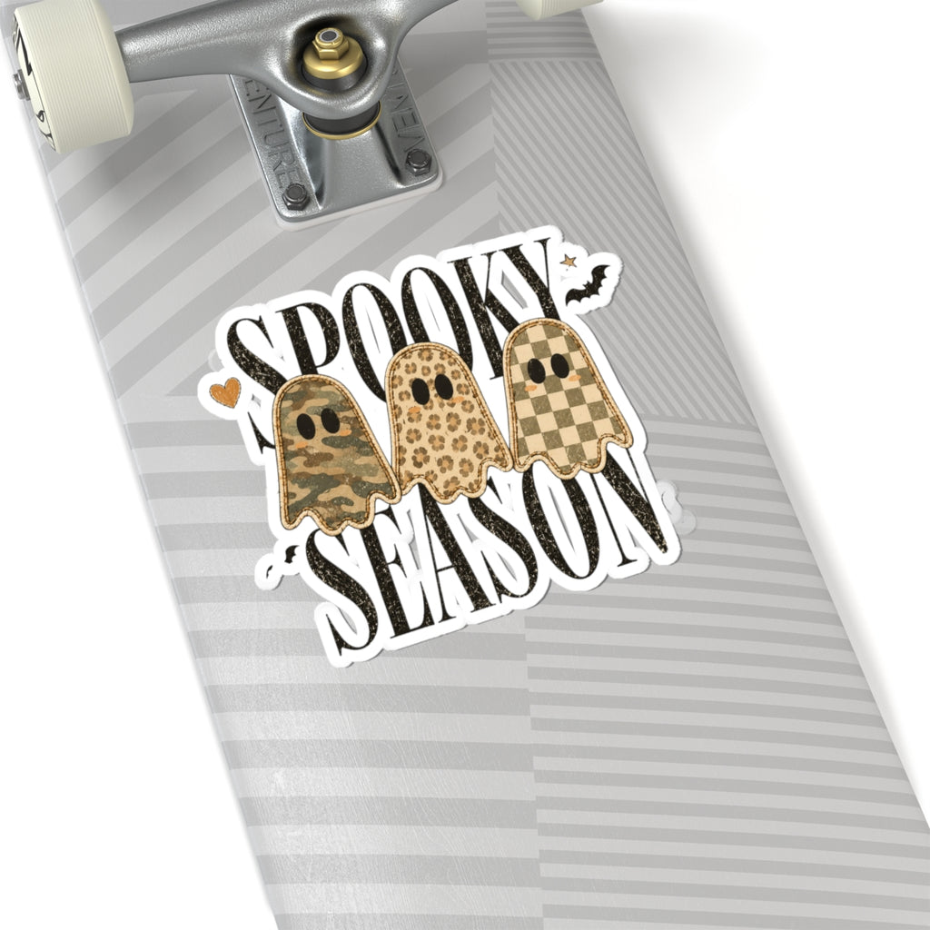 Spooky Season Ghosts Kiss-Cut Sticker — Neutral Camo & Checker Pattern Halloween Decal