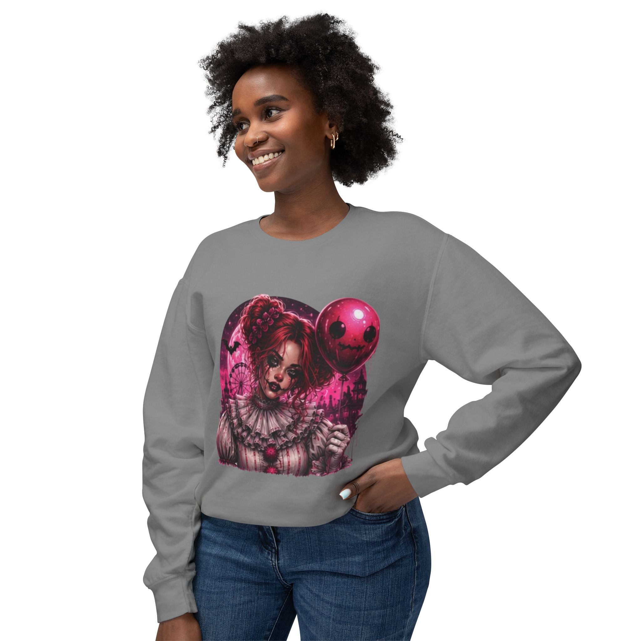Creepy Clown Portrait Sweatshirt — Gothic Pink Horror Crewneck