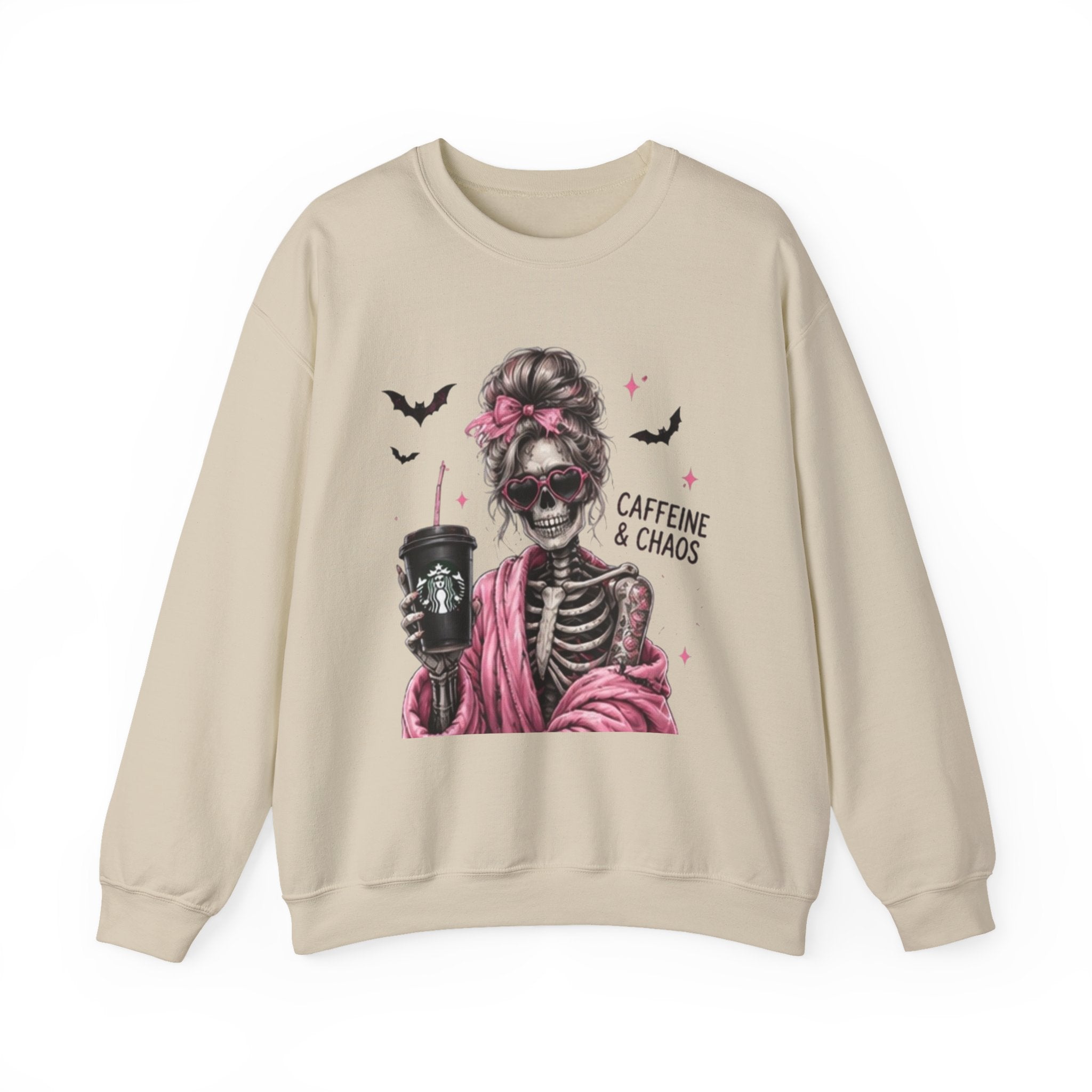 Caffeine & Chaos Skeleton Sweatshirt — Coffee Lover Goth Crewneck