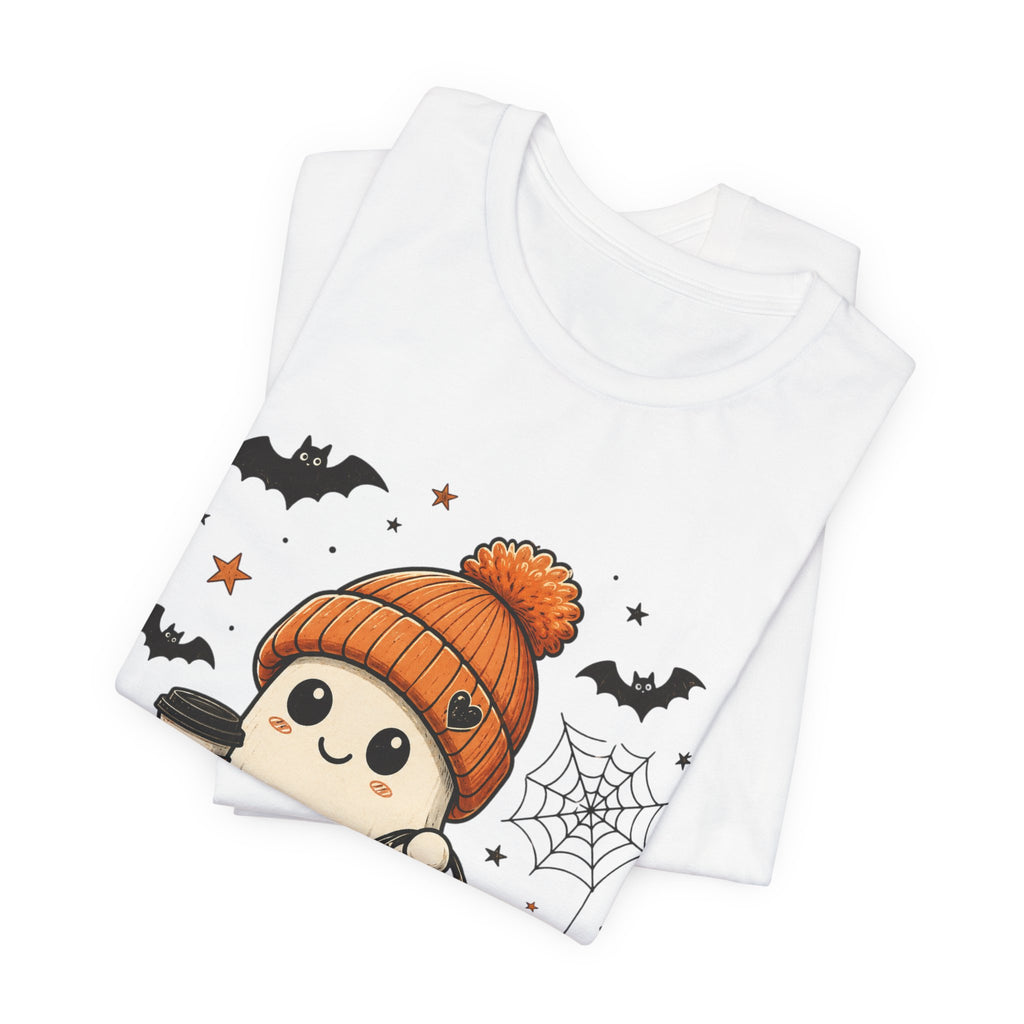 Halloween Ghost Tee – Cute Pumpkin, Black Cat & Coffee Fall Graphic T-Shirt