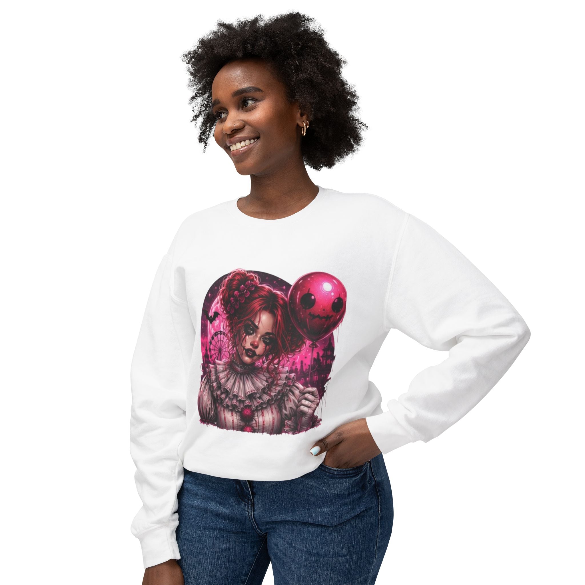 Creepy Clown Portrait Sweatshirt — Gothic Pink Horror Crewneck