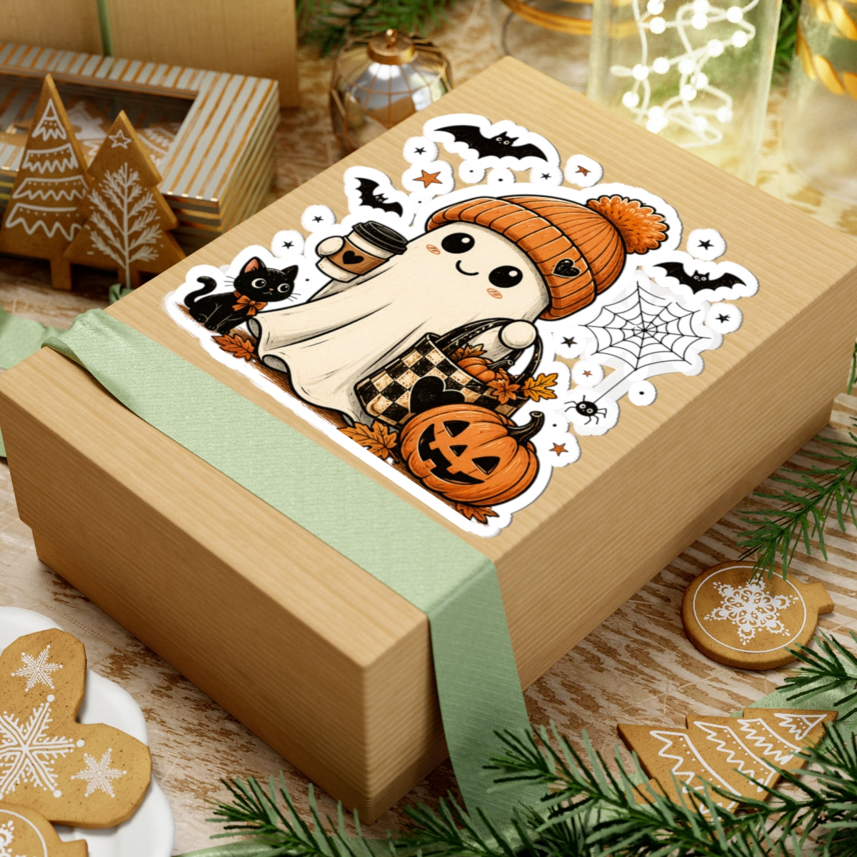 Halloween Ghost Sticker — Cute Autumn Pumpkin, Black Cat & Coffee Kiss-Cut Sticker
