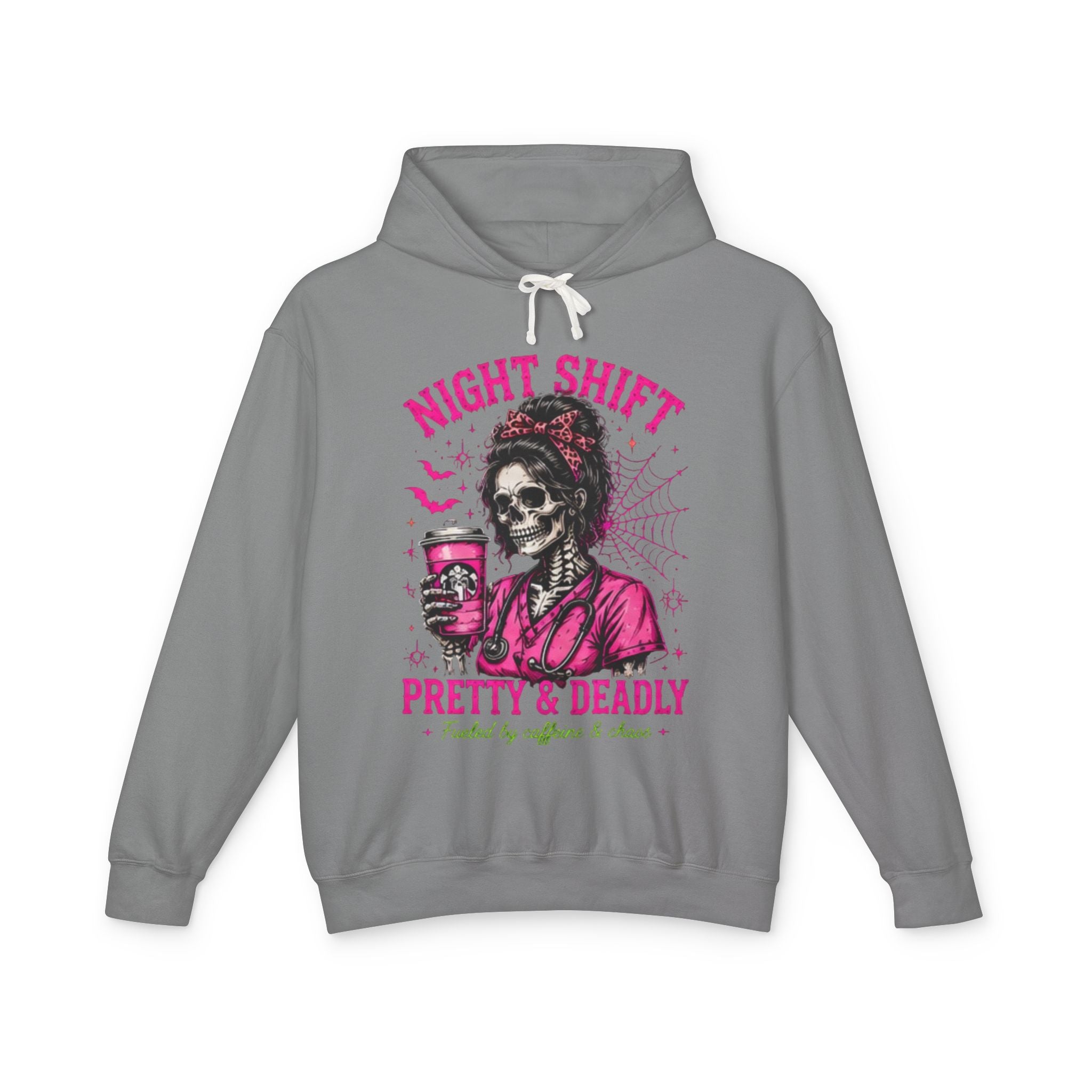Night Shift Hoodie — "Pretty & Deadly" Skeleton Nurse Coffee Hooded Sweatshirt