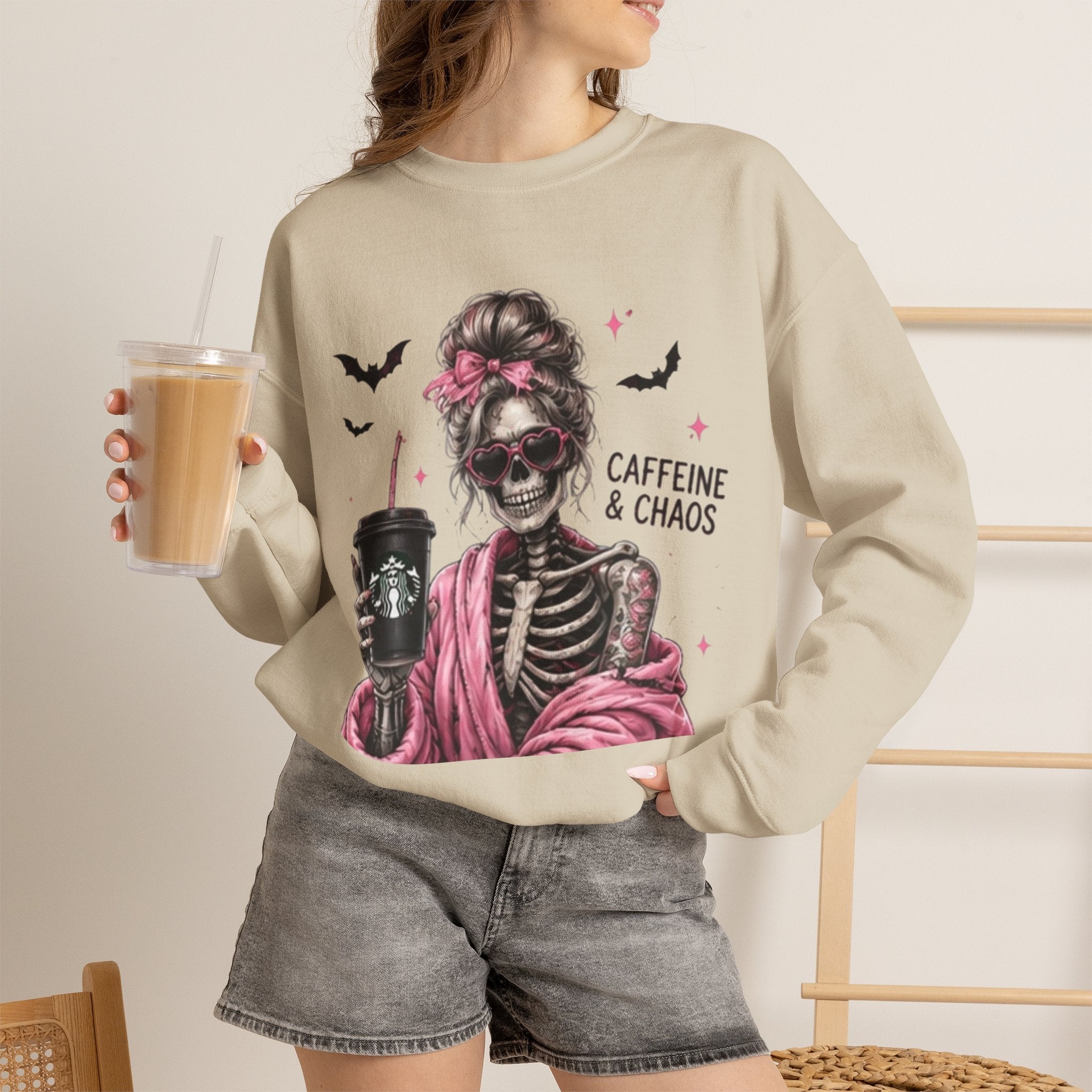 Caffeine & Chaos Skeleton Sweatshirt — Coffee Lover Goth Crewneck