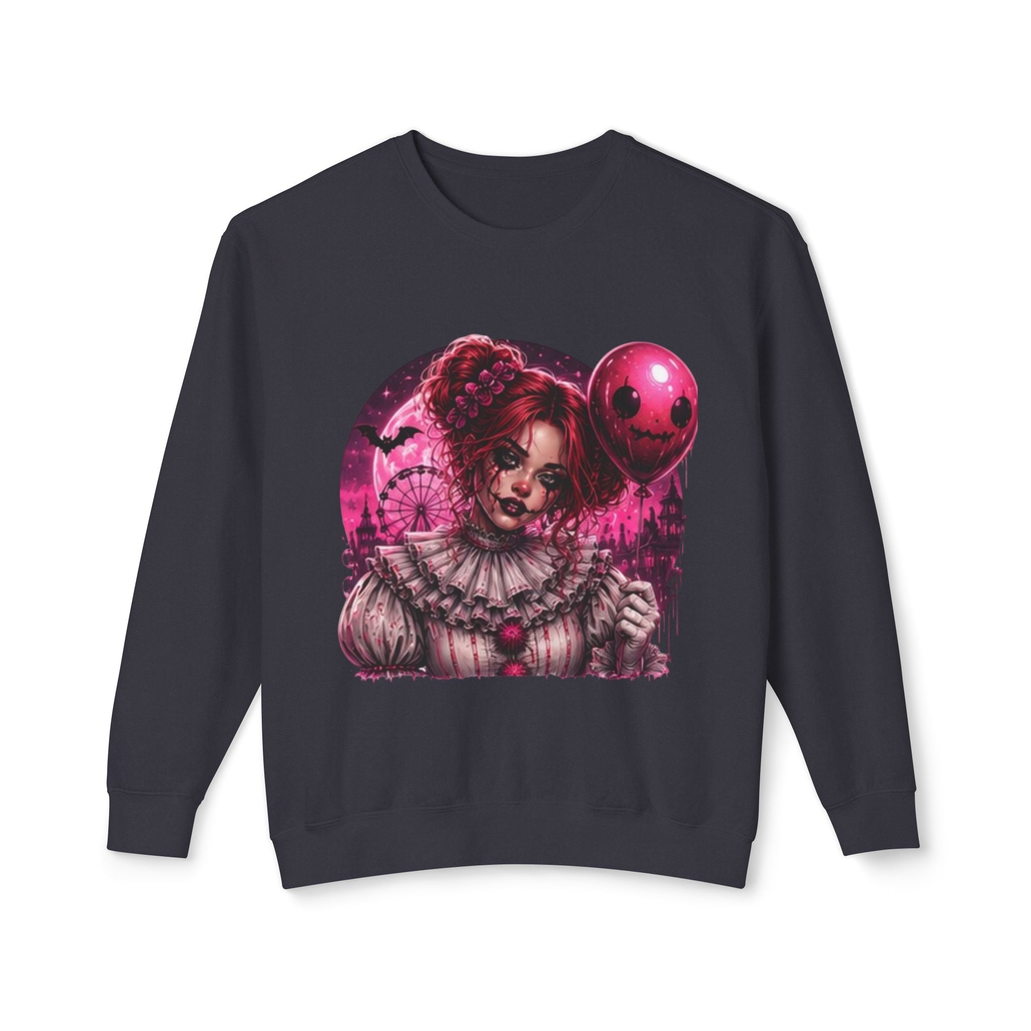 Creepy Clown Portrait Sweatshirt — Gothic Pink Horror Crewneck