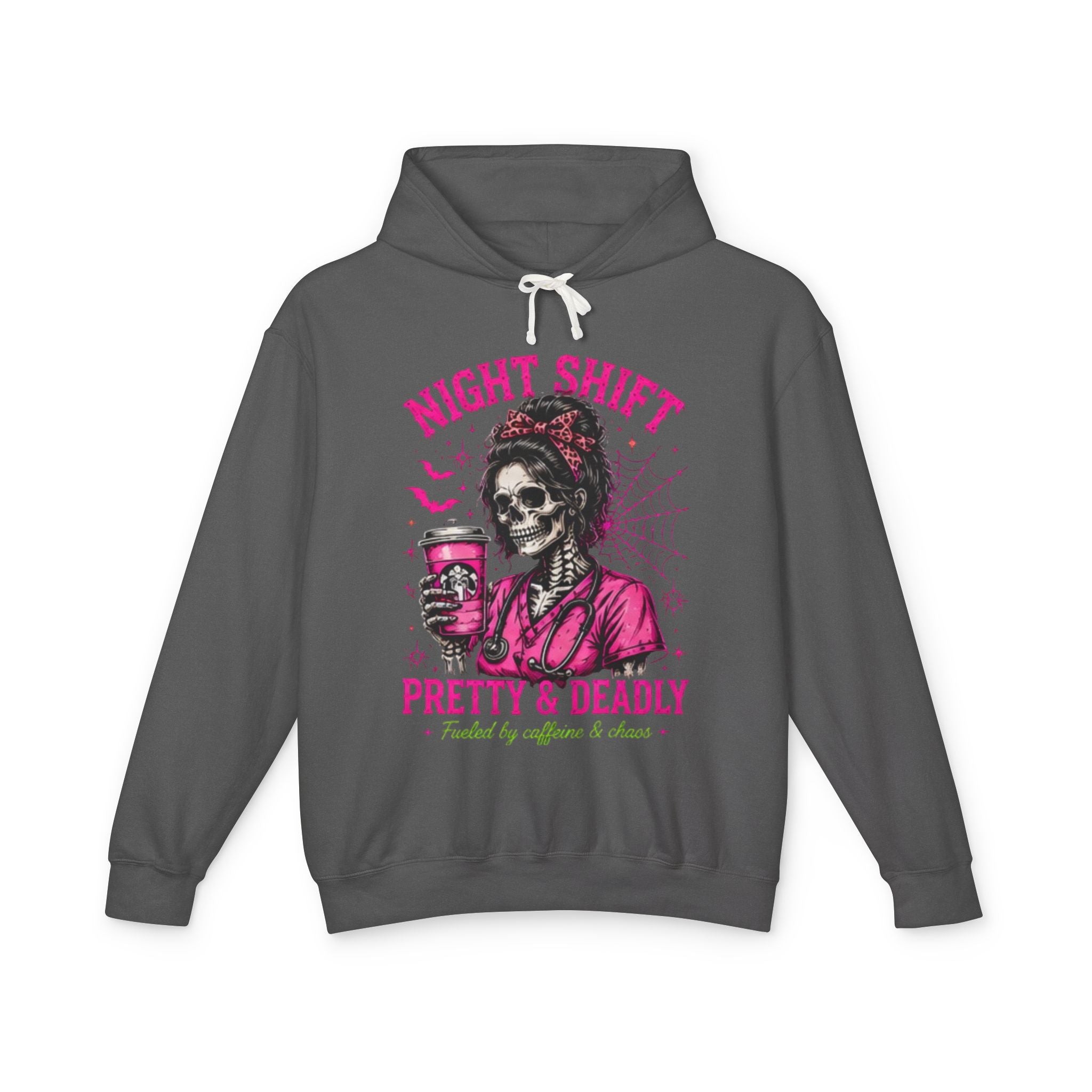Night Shift Hoodie — "Pretty & Deadly" Skeleton Nurse Coffee Hooded Sweatshirt