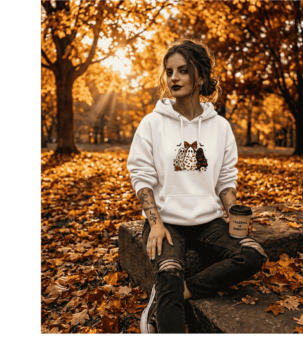 Ghost Trio Leopard & Floral Hoodie — Cute Halloween Graphic Hoodie