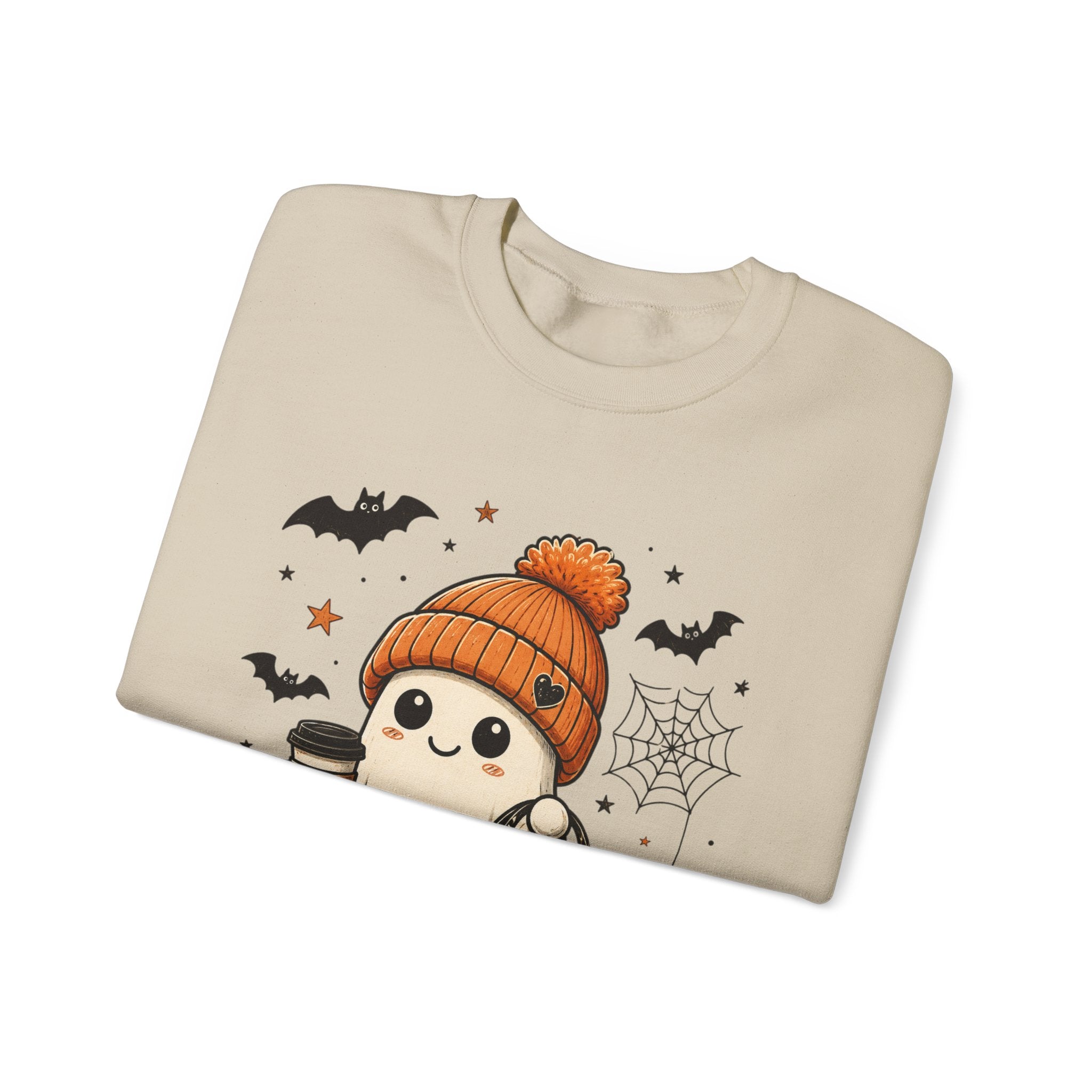 Halloween Ghost Sweatshirt — Cute Ghost with Pumpkin, Black Cat & Coffee