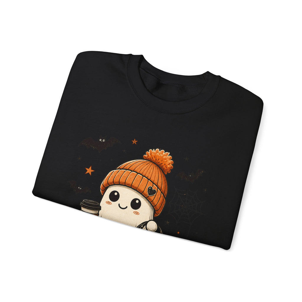 Halloween Ghost Sweatshirt — Cute Ghost with Pumpkin, Black Cat & Coffee