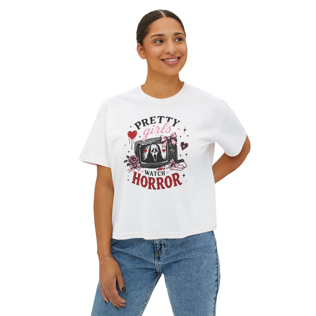 Boxy Tee — "Pretty Girls Watch Horror" Graphic Top