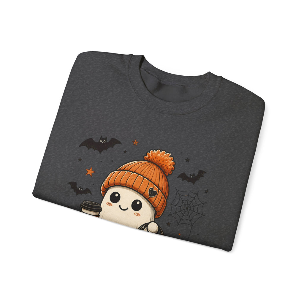 Halloween Ghost Sweatshirt — Cute Ghost with Pumpkin, Cat & Coffee