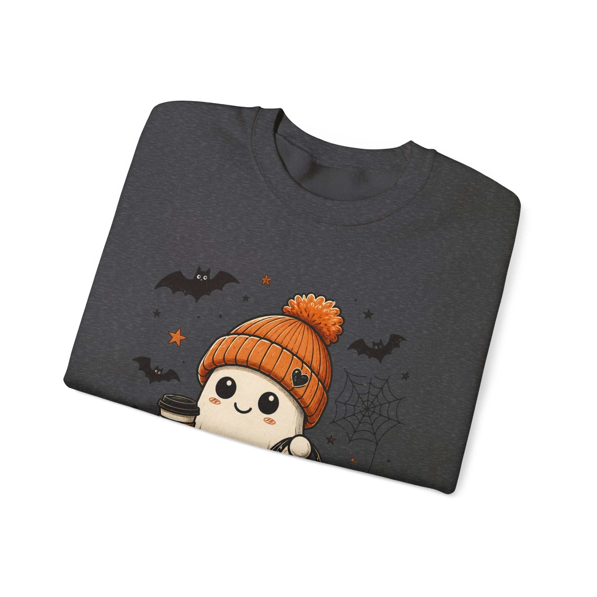 Halloween Ghost Sweatshirt — Cute Ghost with Pumpkin, Cat & Coffee