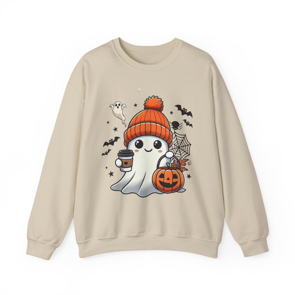 Cute Halloween Ghost Sweatshirt — Pumpkin, Bats & Coffee Graphic Crewneck