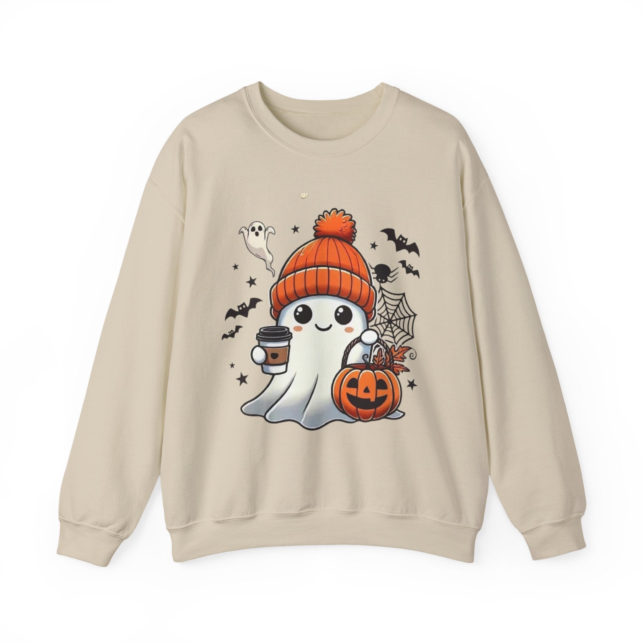 Cute Halloween Ghost Sweatshirt — Pumpkin, Bats & Coffee Graphic Crewneck