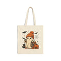Halloween Ghost Tote Bag — Cute Ghost with Pumpkin, Coffee & Black Cat Cotton Canvas Tote