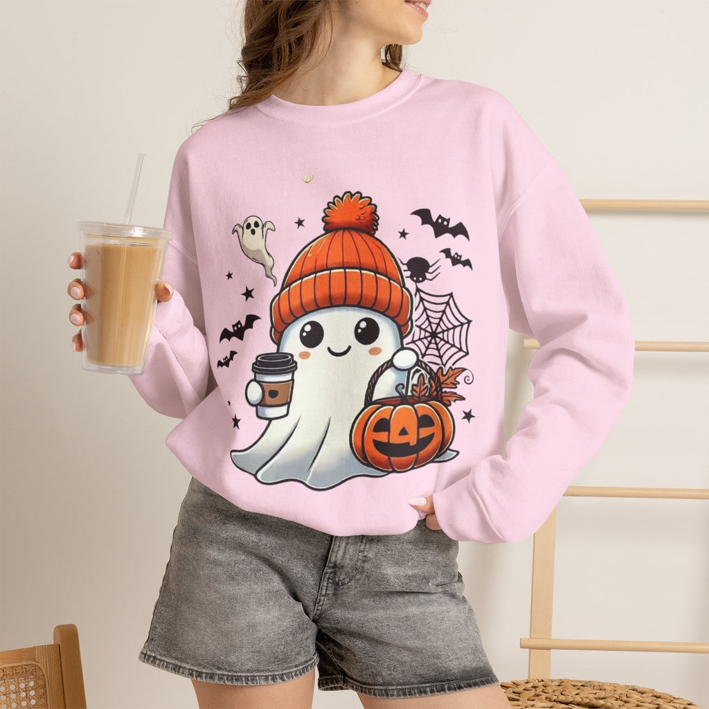 Cute Halloween Ghost Sweatshirt — Pumpkin, Bats & Coffee Graphic Crewneck