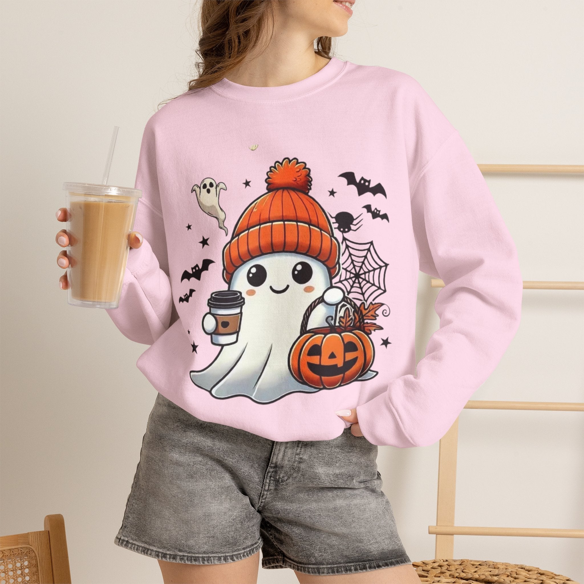Cute Halloween Ghost Sweatshirt — Pumpkin, Bats & Coffee Graphic Crewneck
