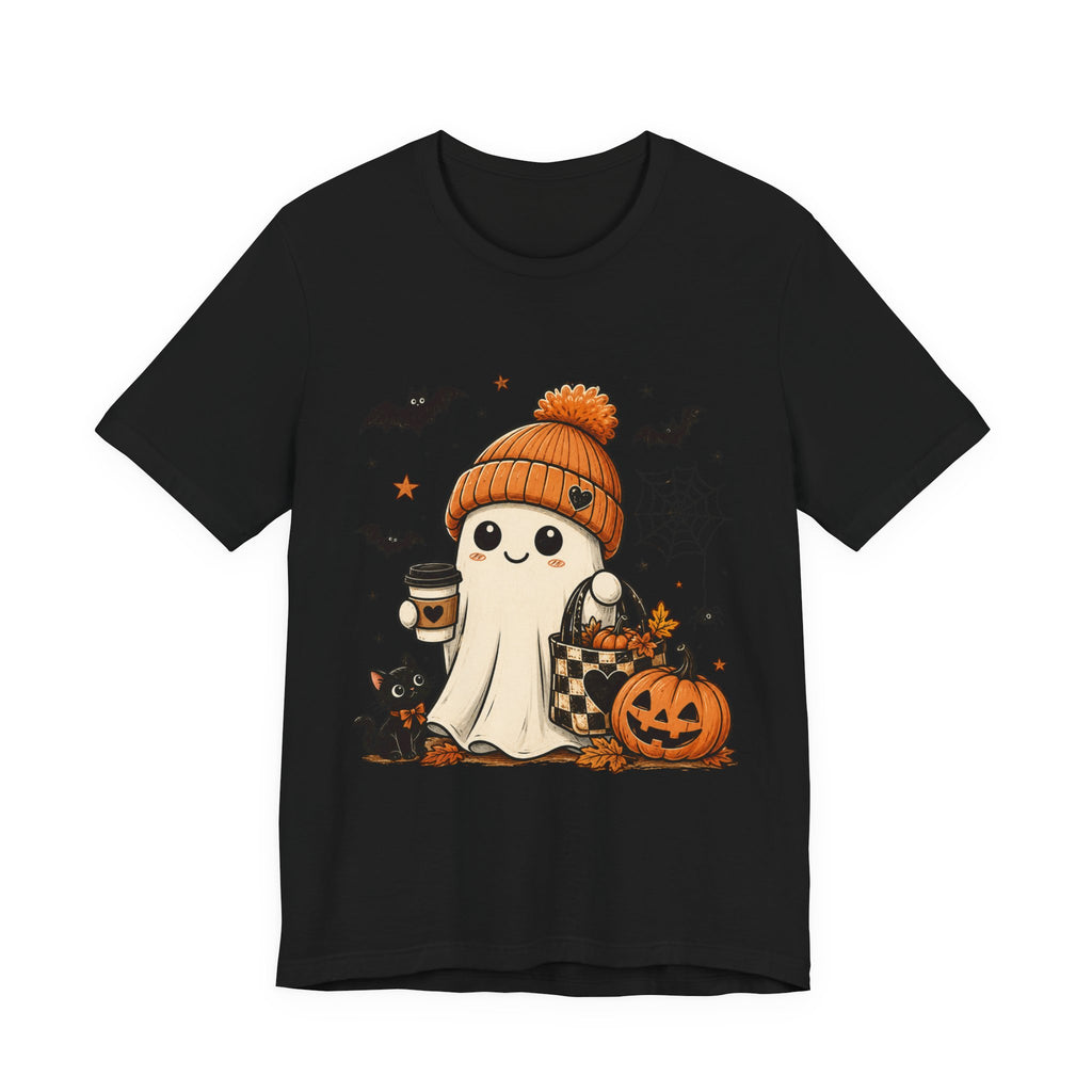 Halloween Ghost Tee – Cute Pumpkin, Black Cat & Coffee Fall Graphic T-Shirt
