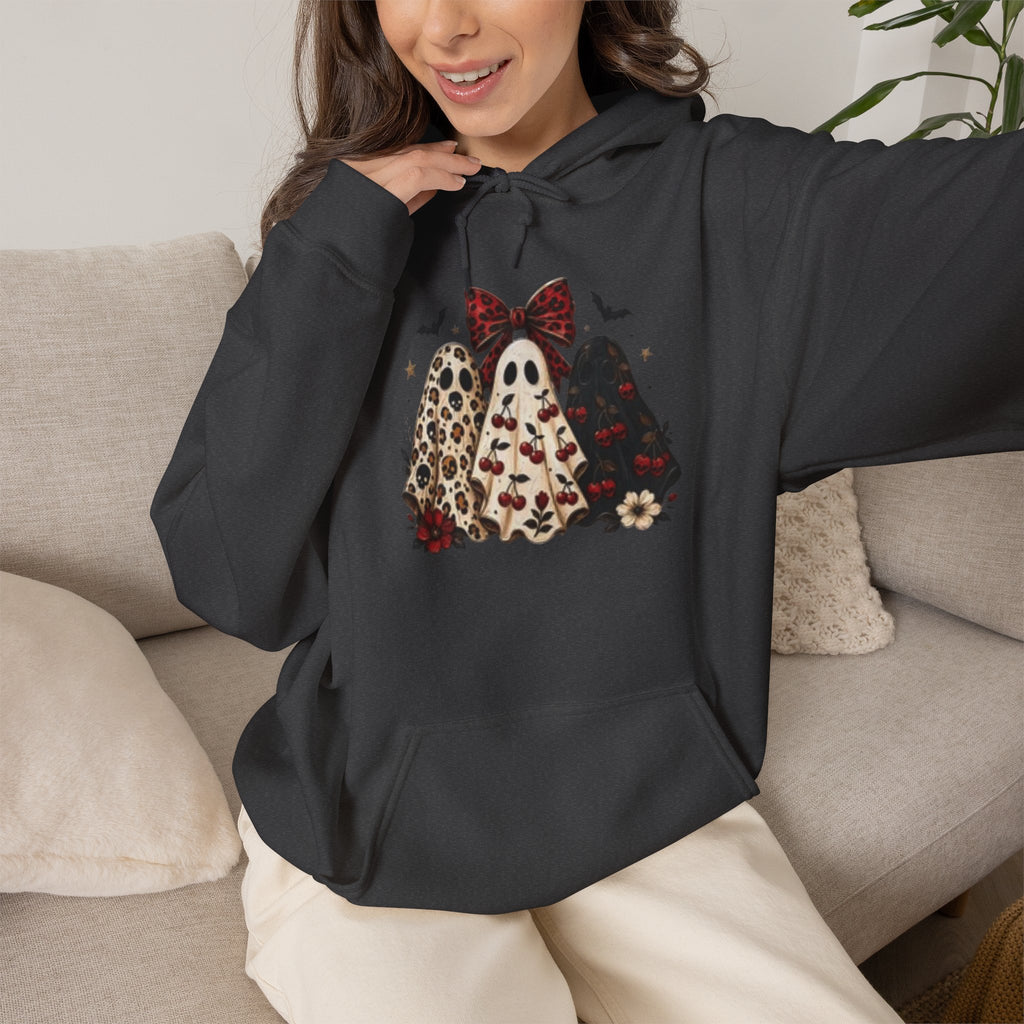 Ghost Trio Leopard & Floral Hoodie — Cute Halloween Graphic Hoodie