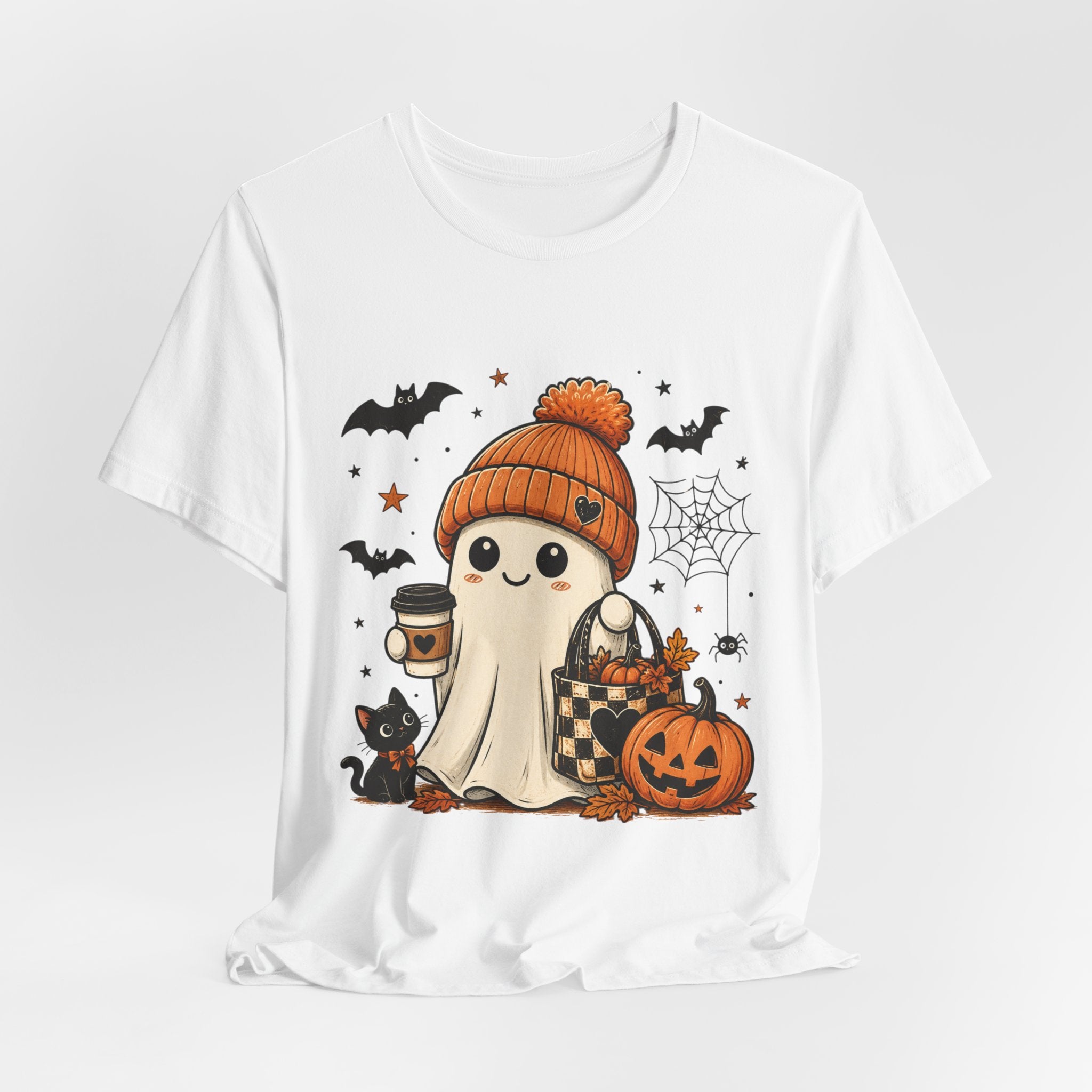 Halloween Ghost Tee – Cute Pumpkin, Black Cat & Coffee Fall Graphic T-Shirt