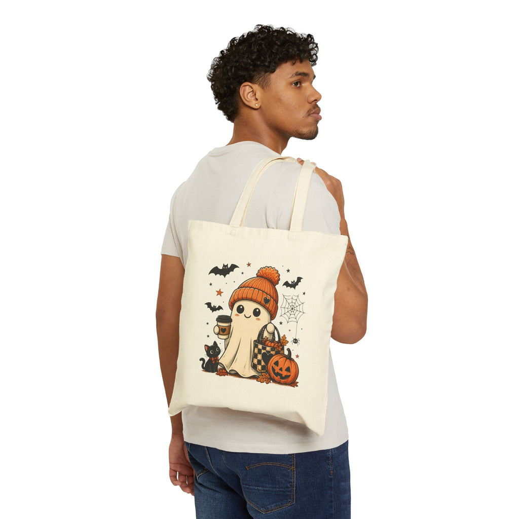 Halloween Ghost Tote Bag — Cute Ghost with Pumpkin, Coffee & Black Cat Cotton Canvas Tote