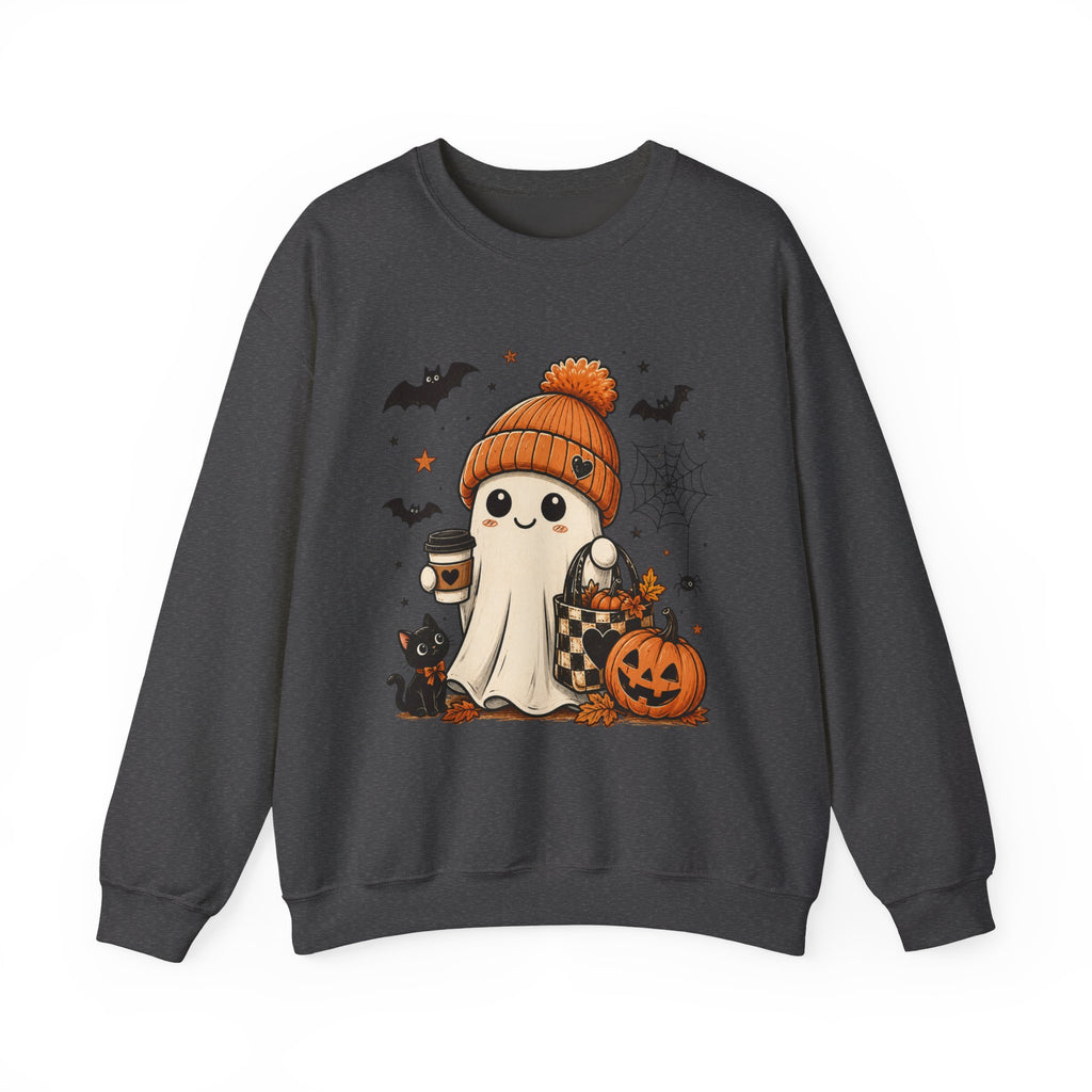 Halloween Ghost Sweatshirt — Cute Ghost with Pumpkin, Cat & Coffee