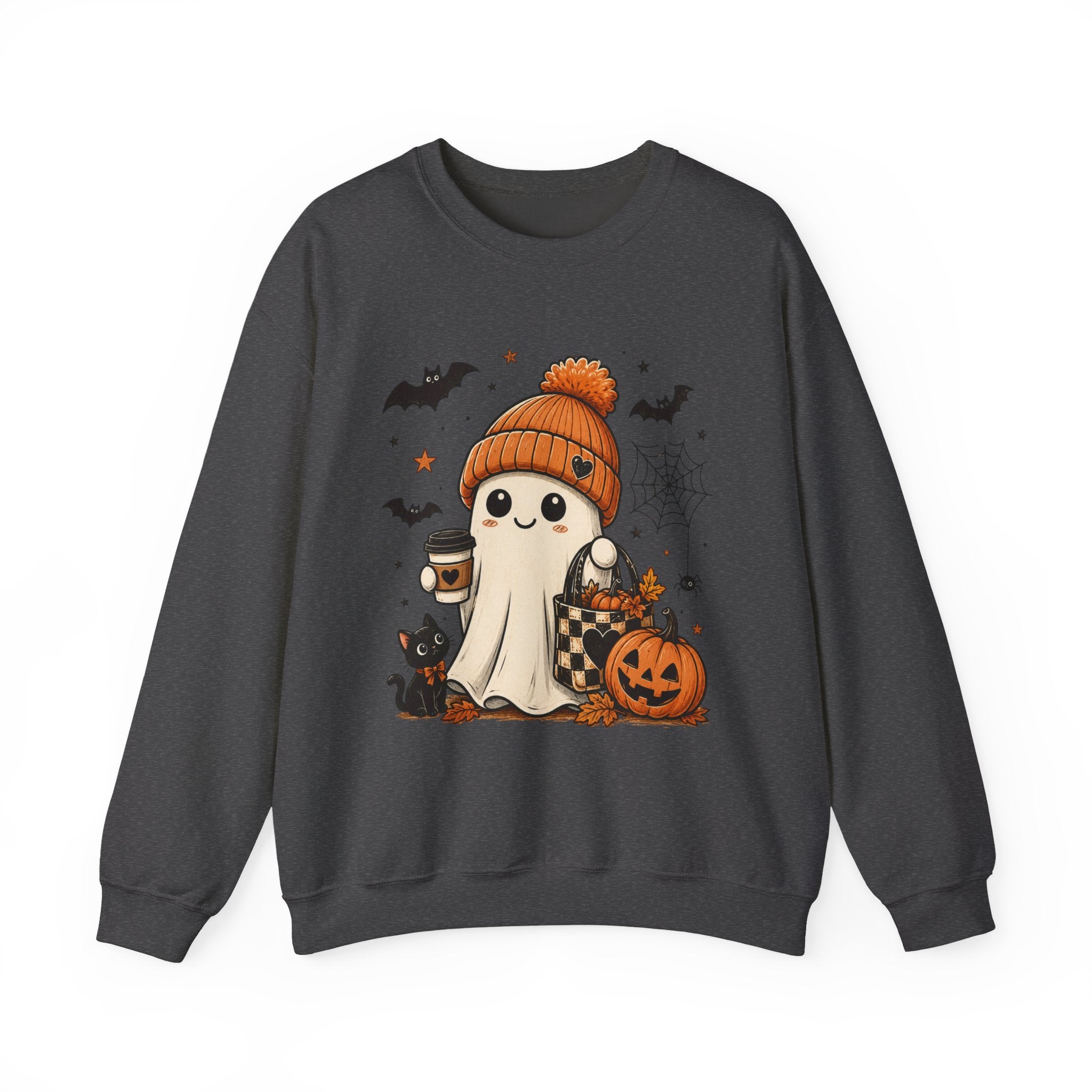 Halloween Ghost Sweatshirt — Cute Ghost with Pumpkin, Cat & Coffee