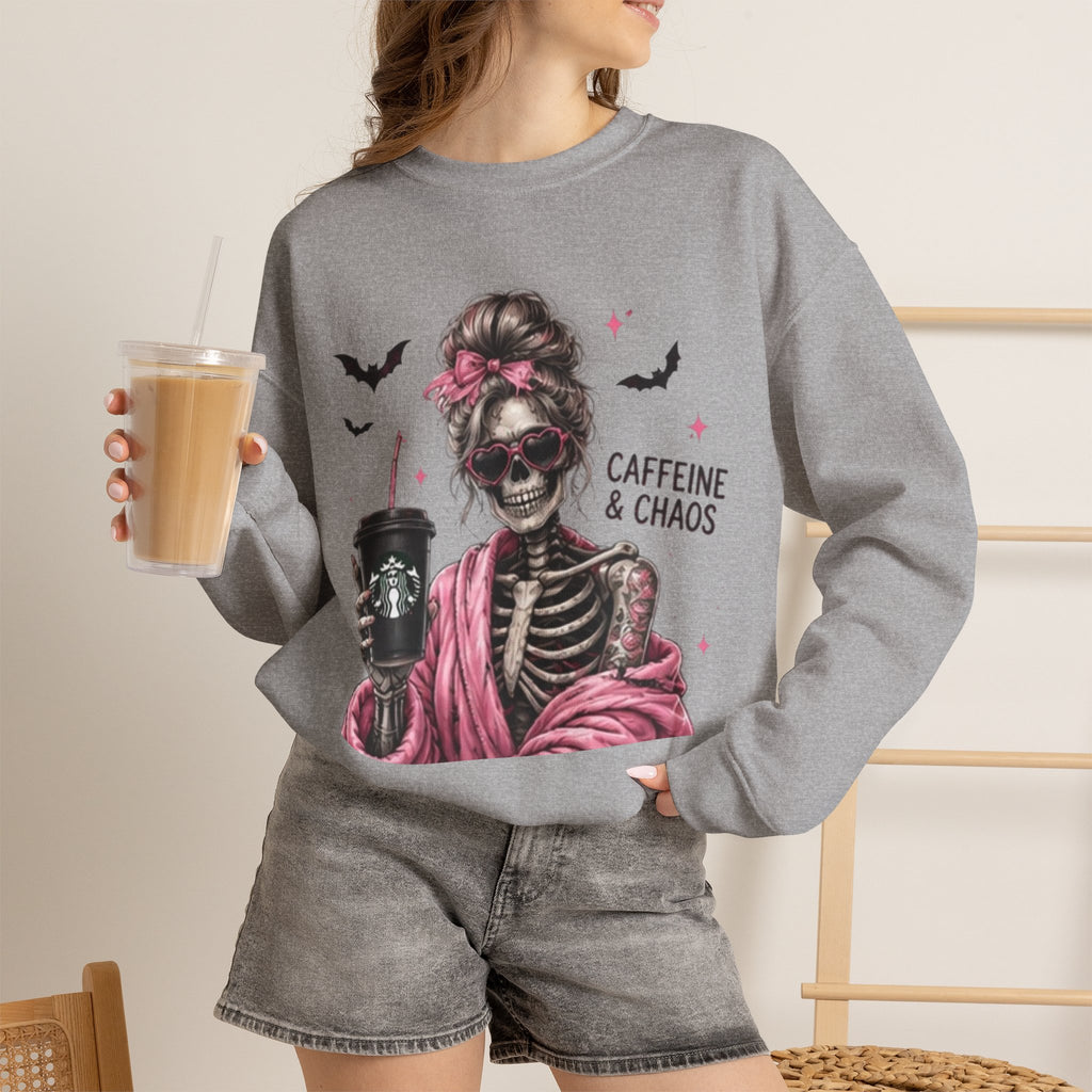 Caffeine & Chaos Skeleton Sweatshirt — Coffee Lover Goth Crewneck