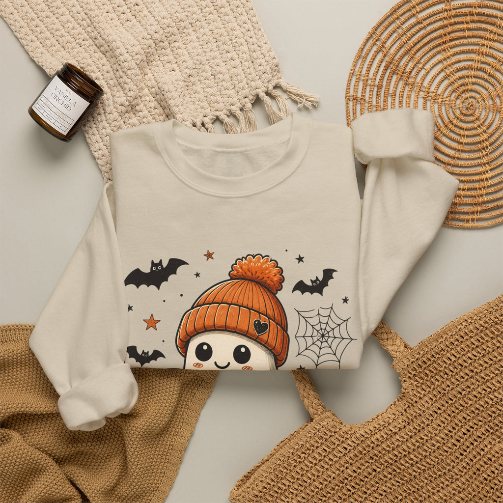 Halloween Ghost Sweatshirt — Cute Ghost with Pumpkin, Black Cat & Coffee