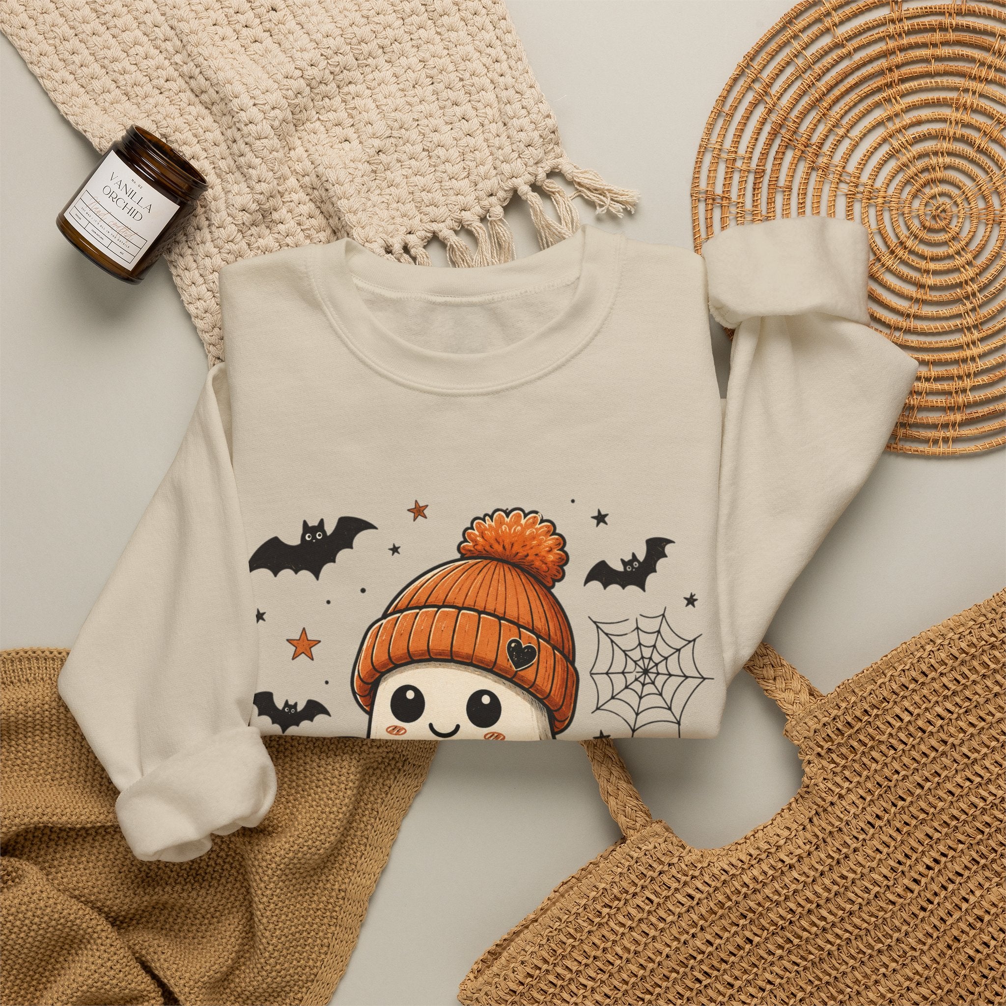 Halloween Ghost Sweatshirt — Cute Ghost with Pumpkin, Black Cat & Coffee
