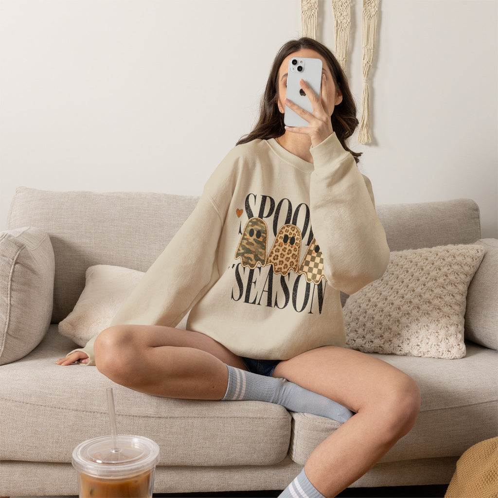 Spooky Season Crewneck Sweatshirt — Leopard Ghosts Halloween Pullover