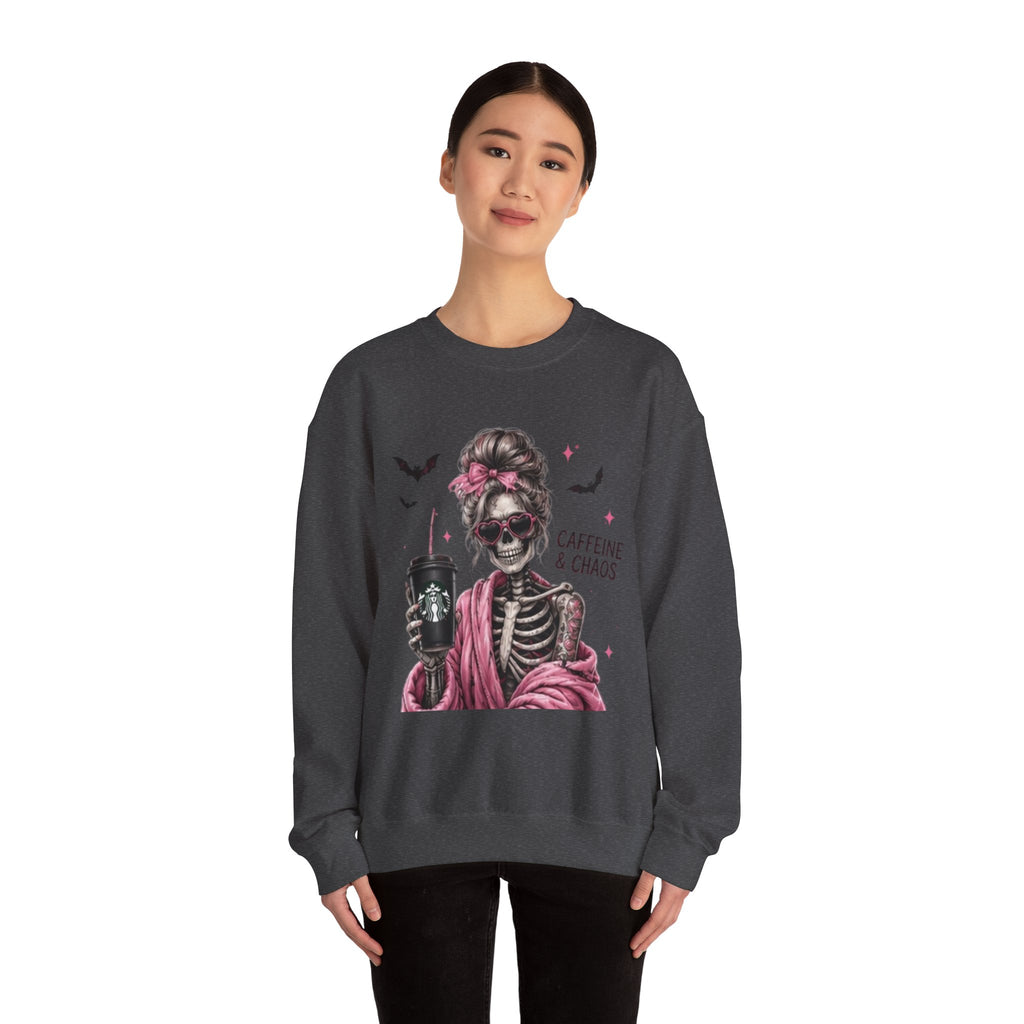 Caffeine & Chaos Skeleton Sweatshirt — Coffee Lover Goth Crewneck