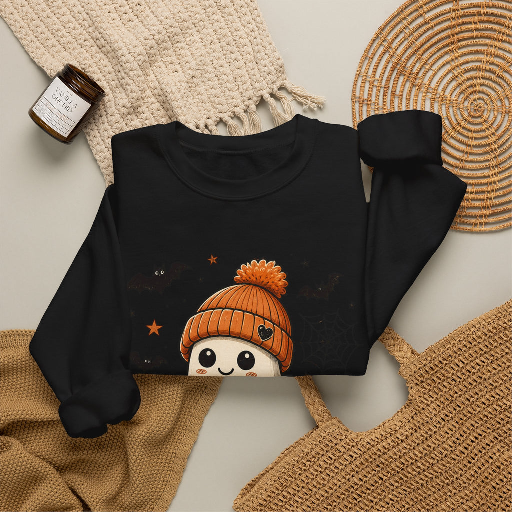 Halloween Ghost Sweatshirt — Cute Ghost with Pumpkin, Black Cat & Coffee