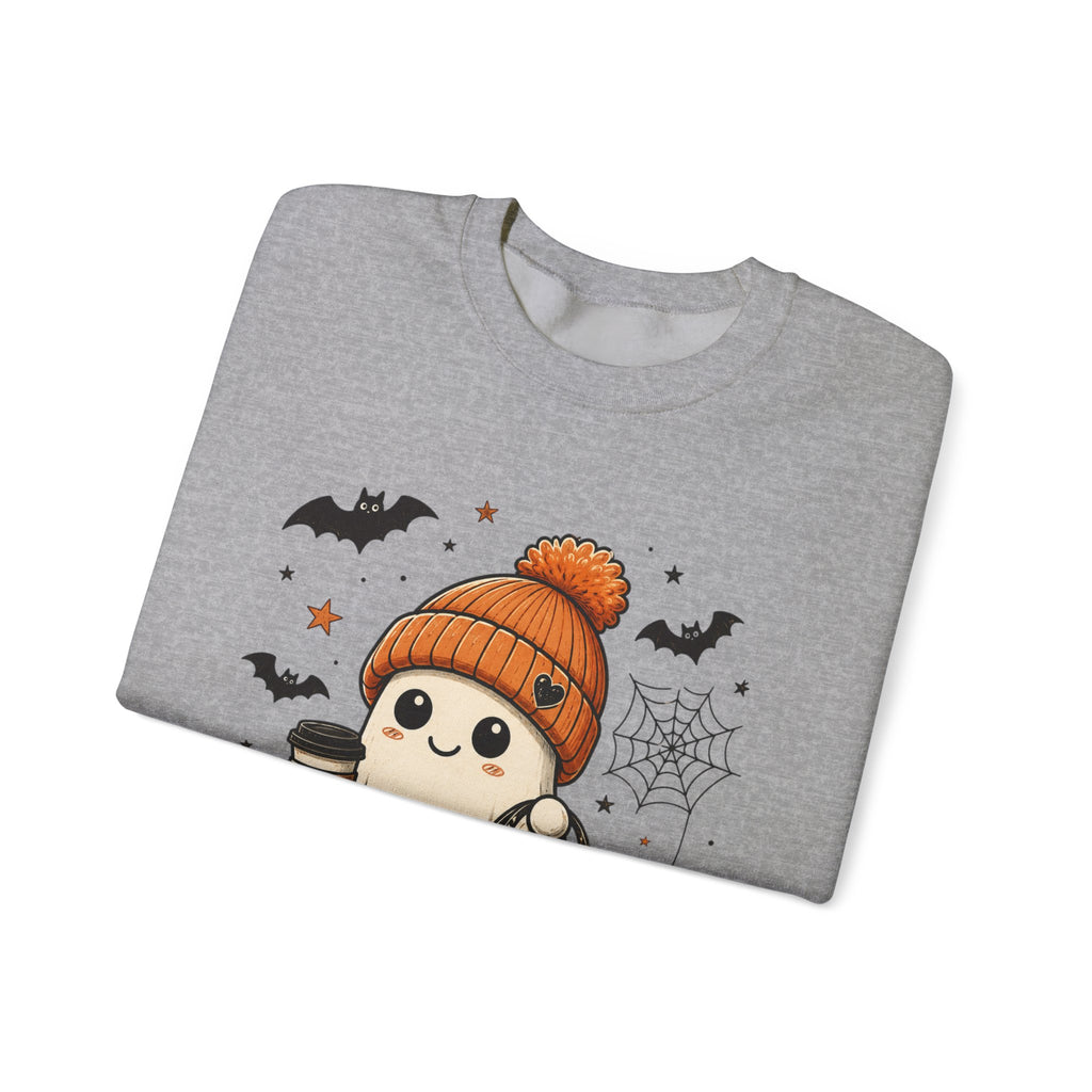Halloween Ghost Sweatshirt — Cute Ghost with Pumpkin, Black Cat & Coffee