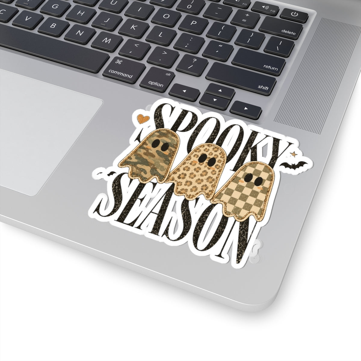 Spooky Season Ghosts Kiss-Cut Sticker — Neutral Camo & Checker Pattern Halloween Decal