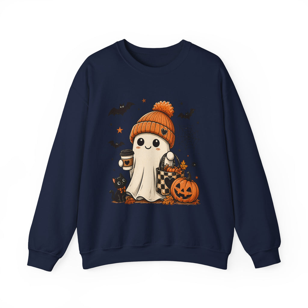 Halloween Ghost Sweatshirt — Cute Ghost with Pumpkin, Black Cat & Coffee