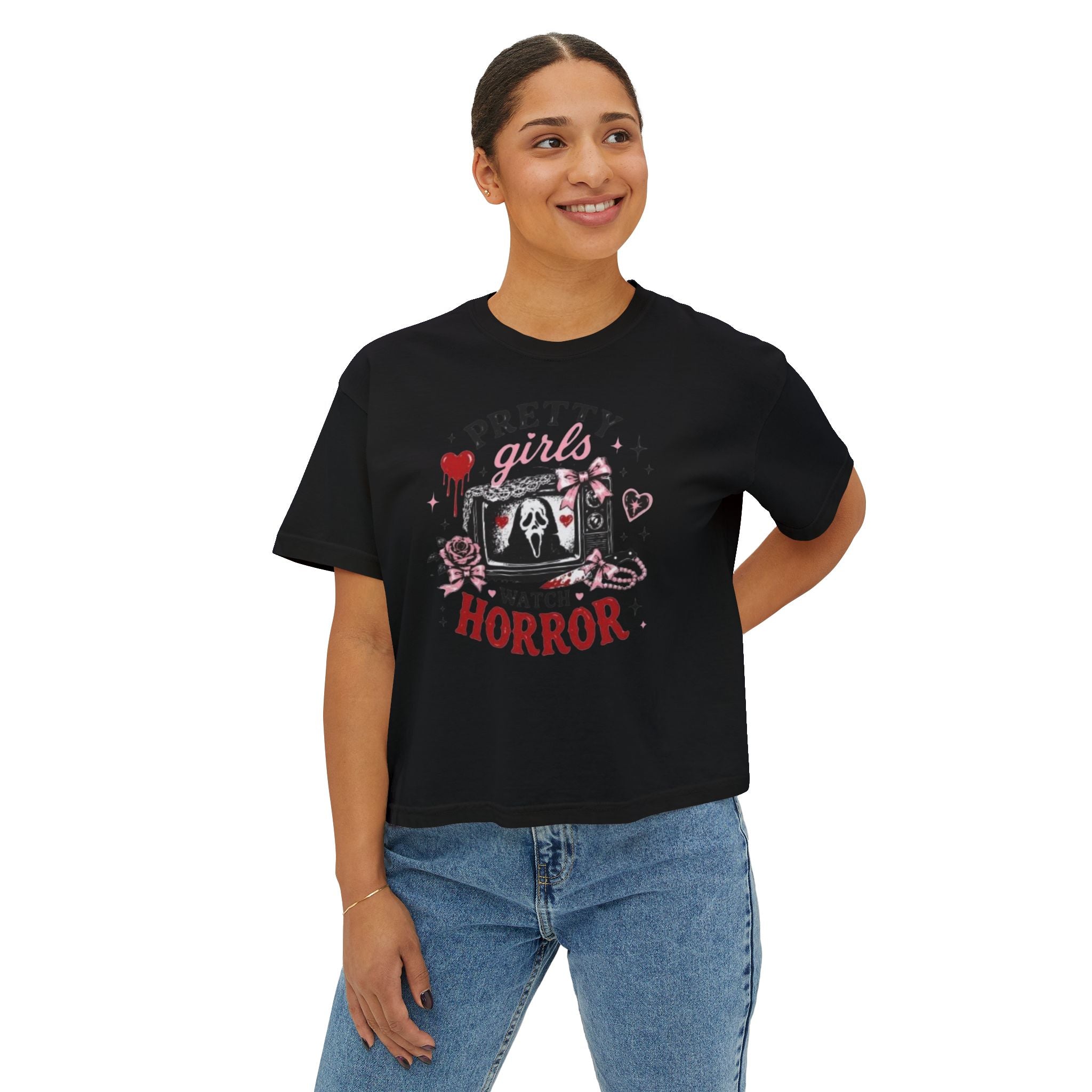 Boxy Tee — "Pretty Girls Watch Horror" Graphic Top