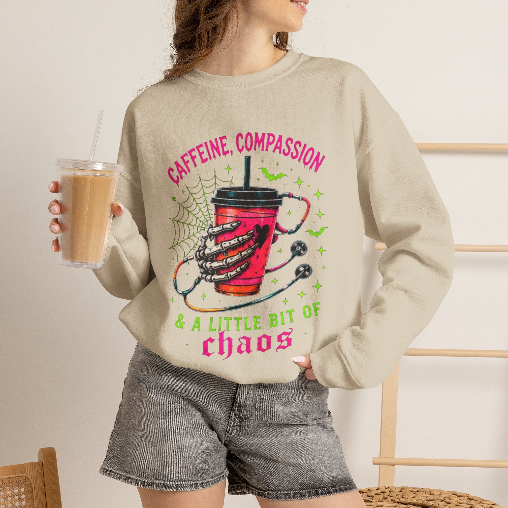 Caffeine, Compassion & A Little Bit of Chaos Crewneck Sweatshirt
