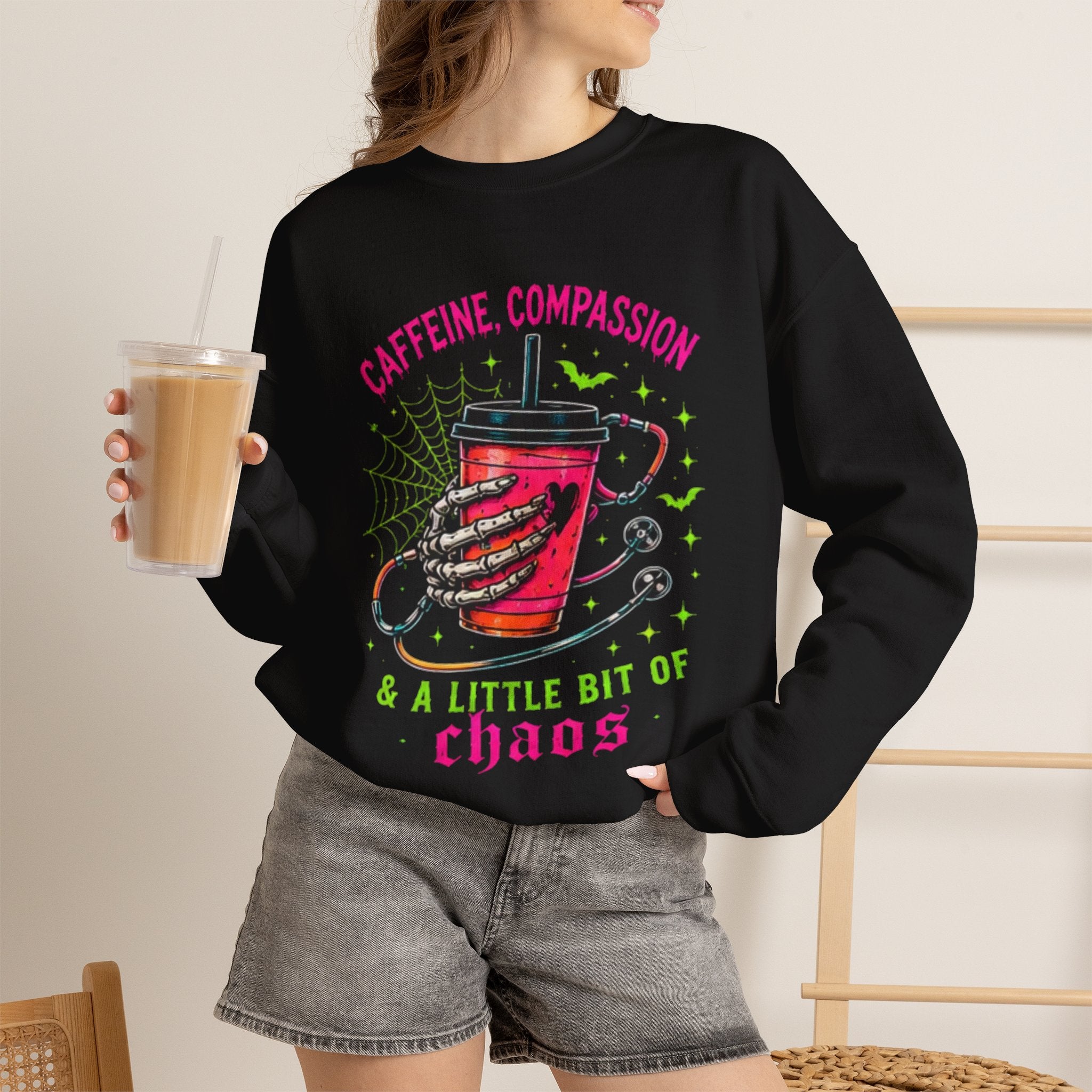 Caffeine, Compassion & A Little Bit of Chaos Crewneck Sweatshirt