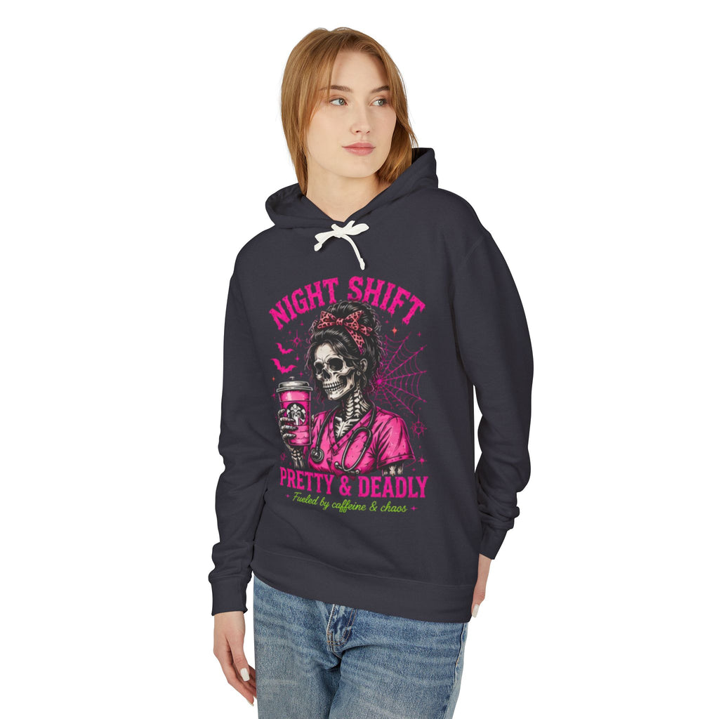 Night Shift Hoodie — "Pretty & Deadly" Skeleton Nurse Coffee Hooded Sweatshirt