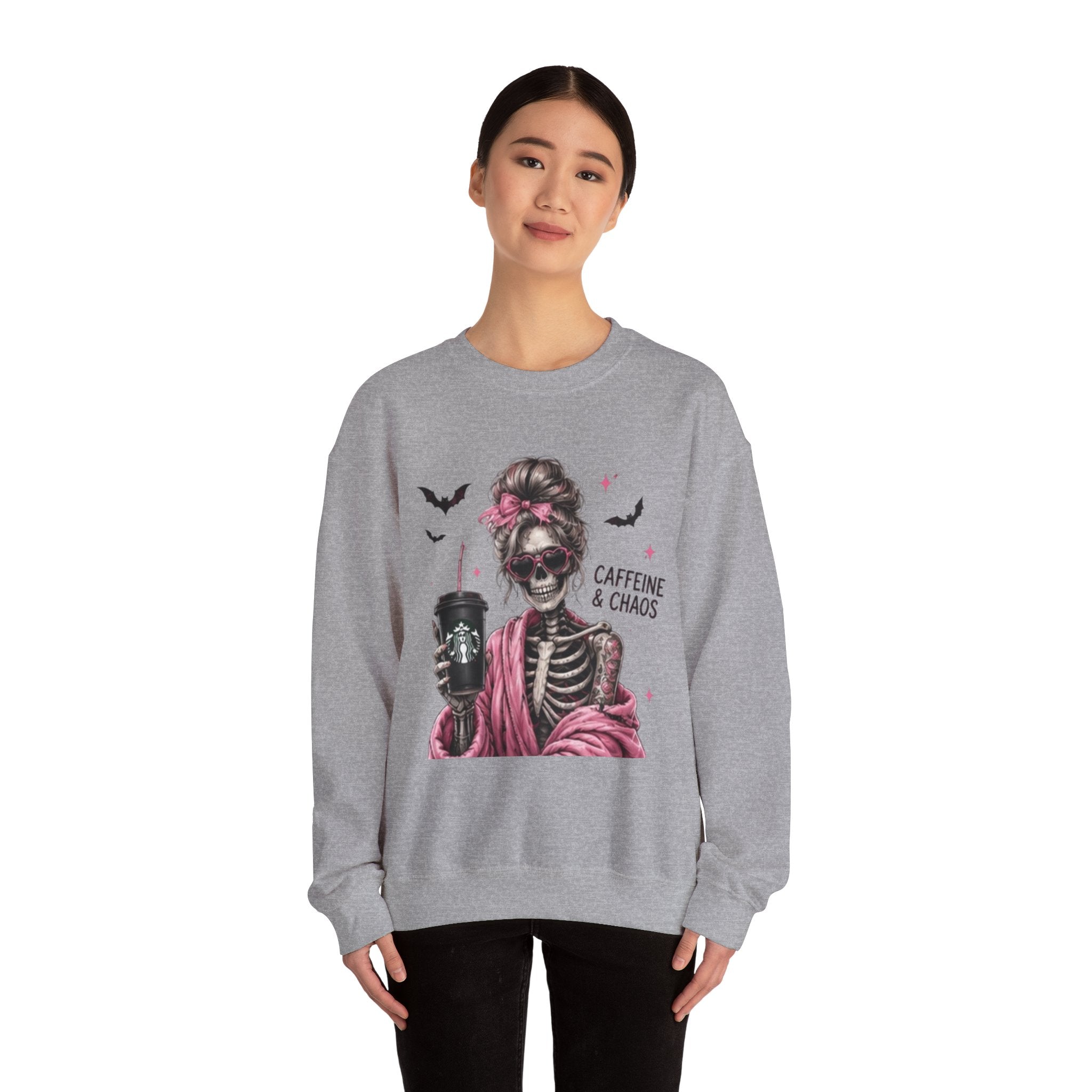 Caffeine & Chaos Skeleton Sweatshirt — Coffee Lover Goth Crewneck