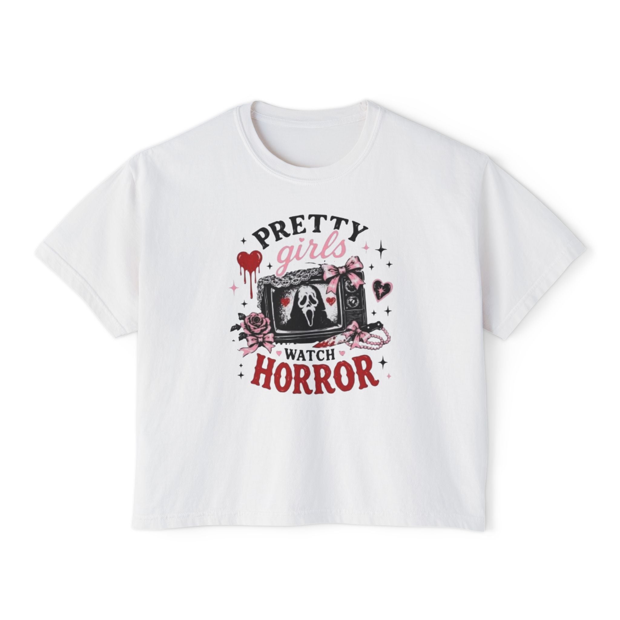 Boxy Tee — "Pretty Girls Watch Horror" Graphic Top