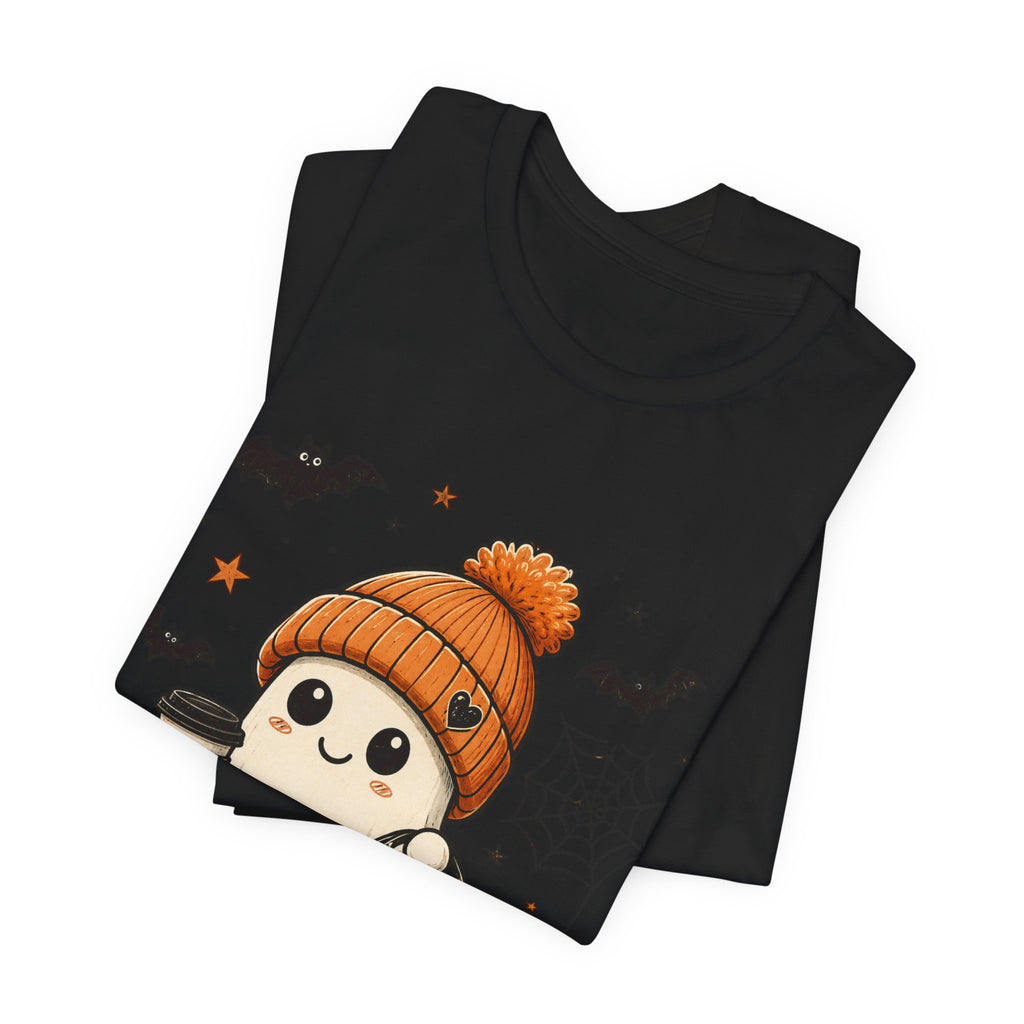 Halloween Ghost Tee – Cute Pumpkin, Black Cat & Coffee Fall Graphic T-Shirt