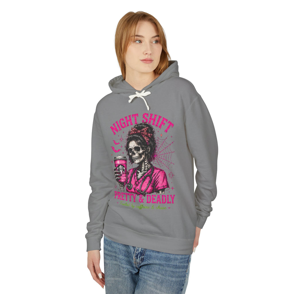Night Shift Hoodie — "Pretty & Deadly" Skeleton Nurse Coffee Hooded Sweatshirt