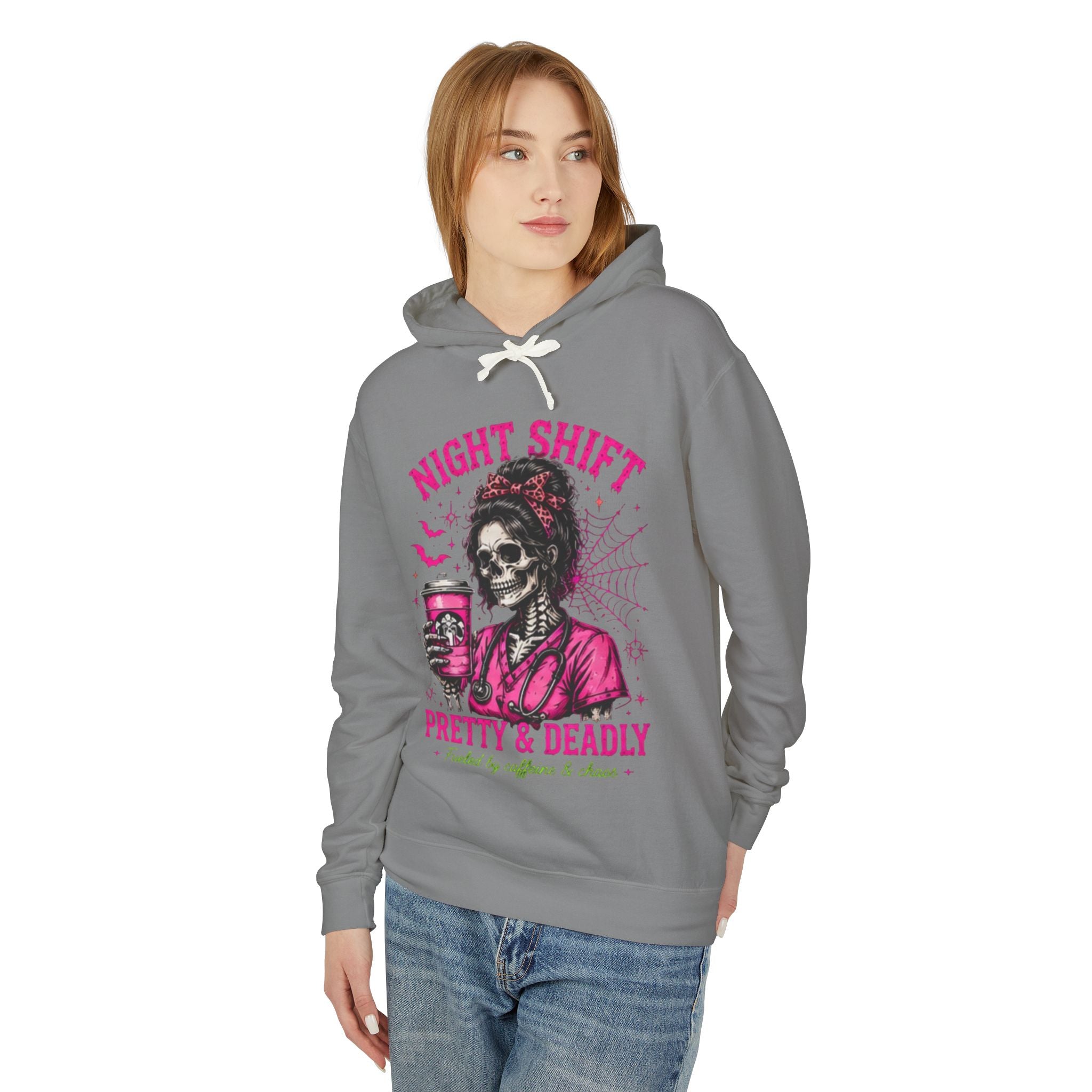 Night Shift Hoodie — "Pretty & Deadly" Skeleton Nurse Coffee Hooded Sweatshirt