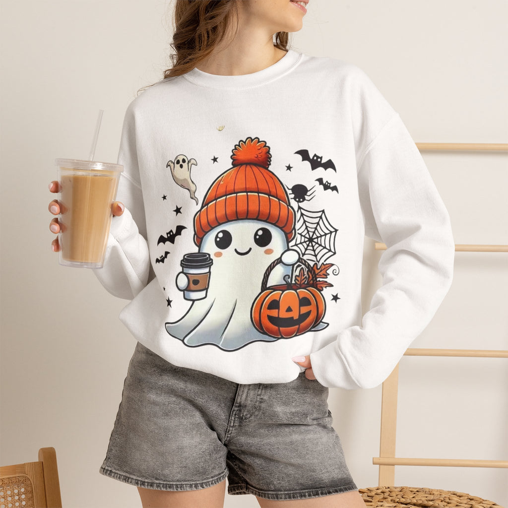 Cute Halloween Ghost Sweatshirt — Pumpkin, Bats & Coffee Graphic Crewneck