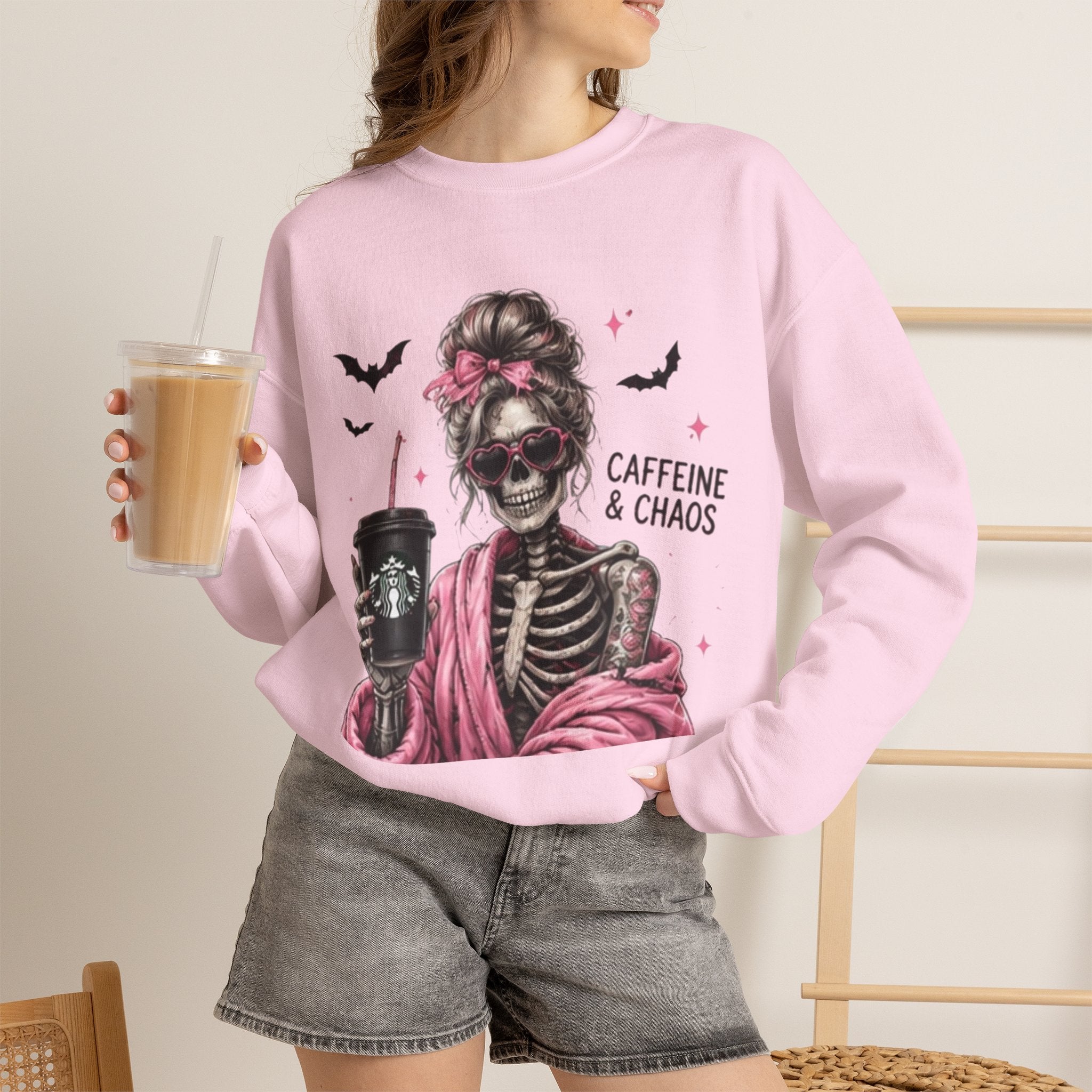 Caffeine & Chaos Skeleton Sweatshirt — Coffee Lover Goth Crewneck