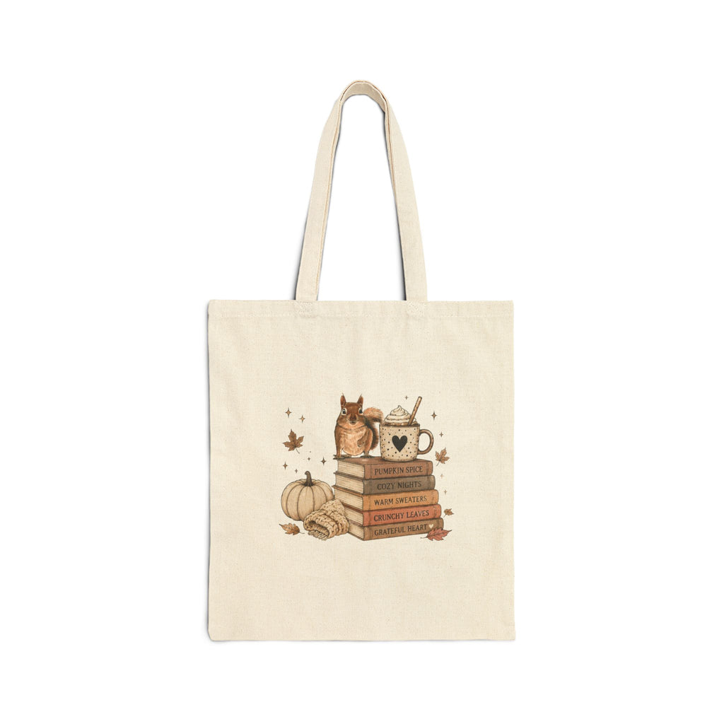 Autumn Bookish Tote — Cozy Fall Books, Cat & Pumpkin Canvas Bag