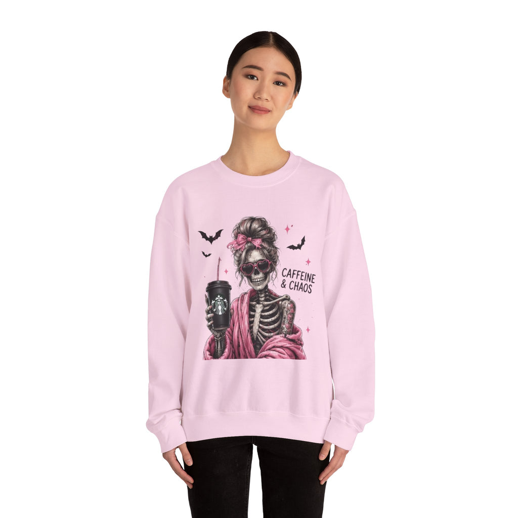 Caffeine & Chaos Skeleton Sweatshirt — Coffee Lover Goth Crewneck